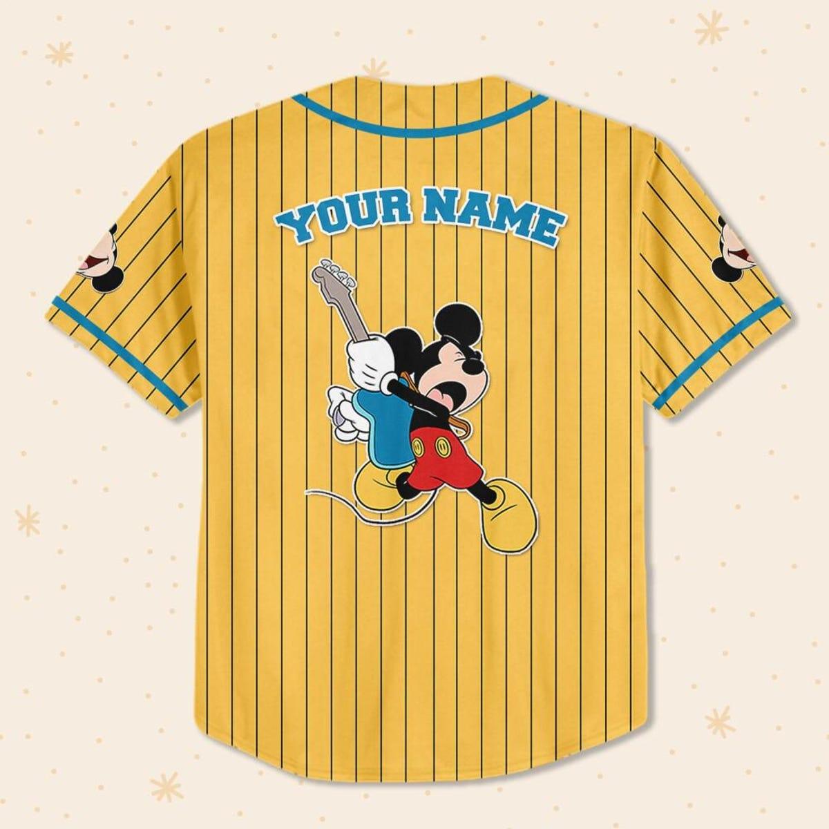 Mckenzieshoponline Disney Mickey Mouse Rock And Roll Yellow Cyan Personalized Baseball Jersey For Fans - Image 4