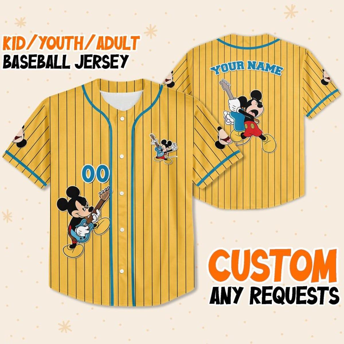 Mckenzieshoponline Disney Mickey Mouse Rock And Roll Yellow Cyan Personalized Baseball Jersey For Fans - Image 2