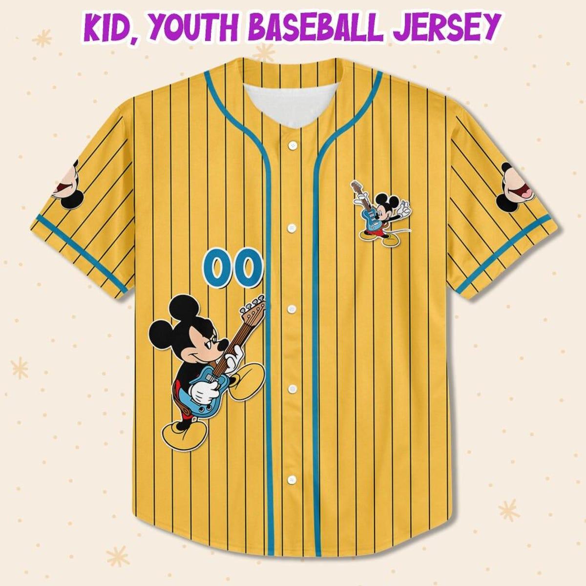 Mckenzieshoponline Disney Mickey Mouse Rock And Roll Yellow Cyan Personalized Baseball Jersey For Fans - Image 3
