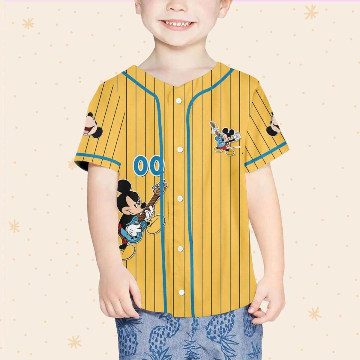Mckenzieshoponline Disney Mickey Mouse Rock And Roll Yellow Cyan Personalized Baseball Jersey For Fans - Image 5