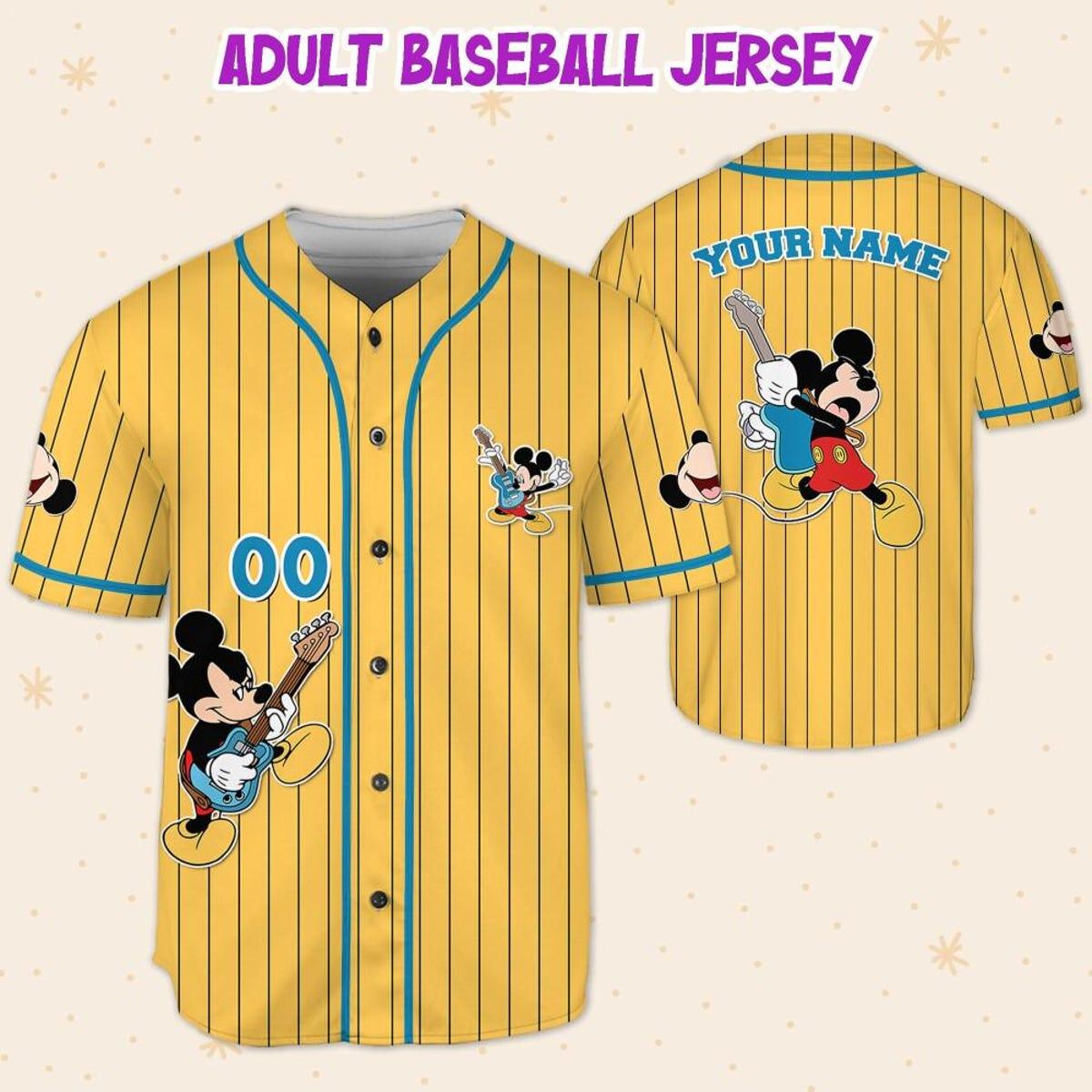 Mckenzieshoponline Disney Mickey Mouse Rock And Roll Yellow Cyan Personalized Baseball Jersey For Fans - Image 6