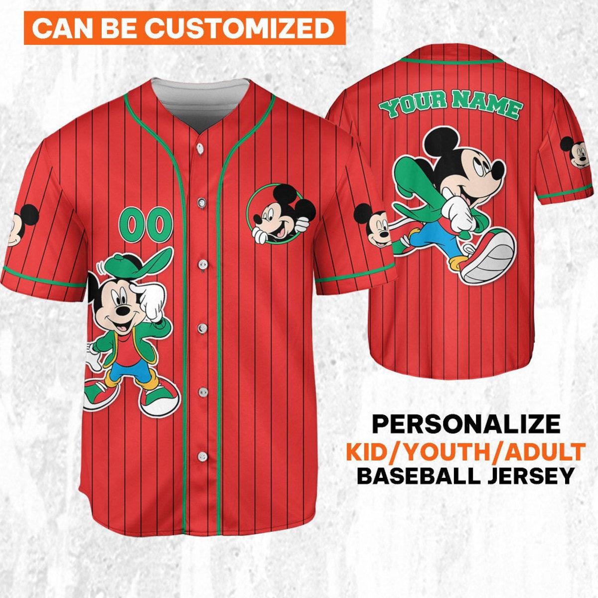 Mckenzieshoponline Disney Mickey Young Mouse Smile Red Green Personalized Baseball Jersey For Fans