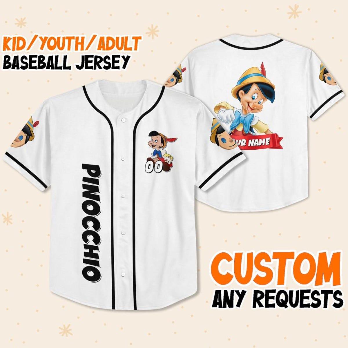 Mckenzieshoponline Disney Pinocchio Boy Smile White Black Personalized Baseball Jersey For Fans - Image 2