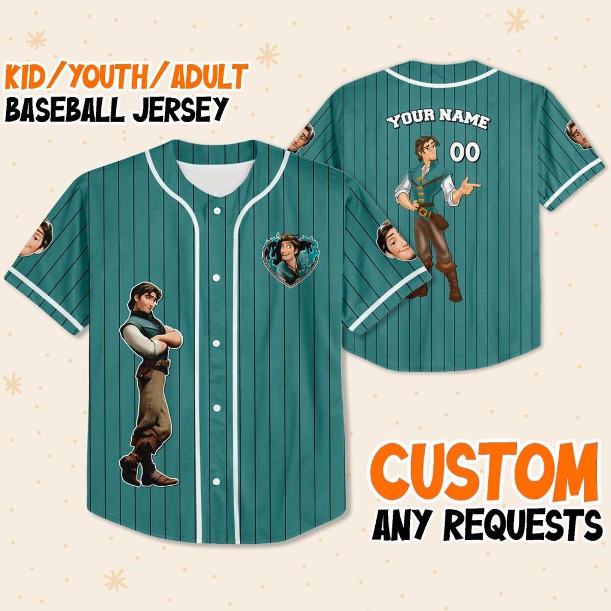 Mckenzieshoponline Disney Tangled Prince Flynn Rider Cyan Personalized Baseball Jersey For Fans