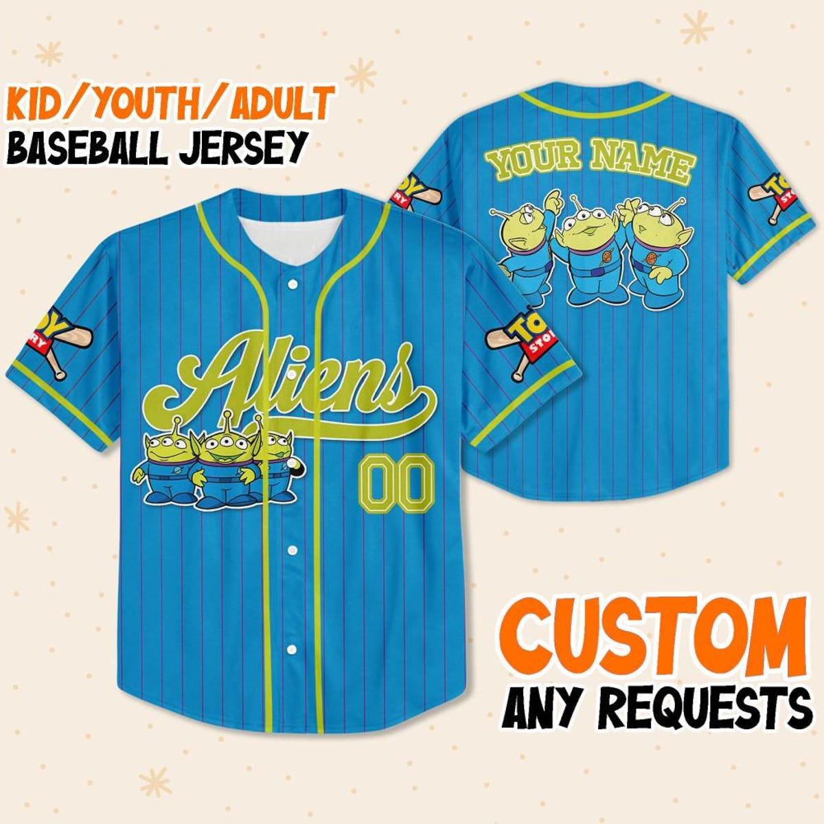 Mckenzieshoponline Disney Toy Story Aliens Blue Simple Personalized Baseball Jersey For Fans - Image 2