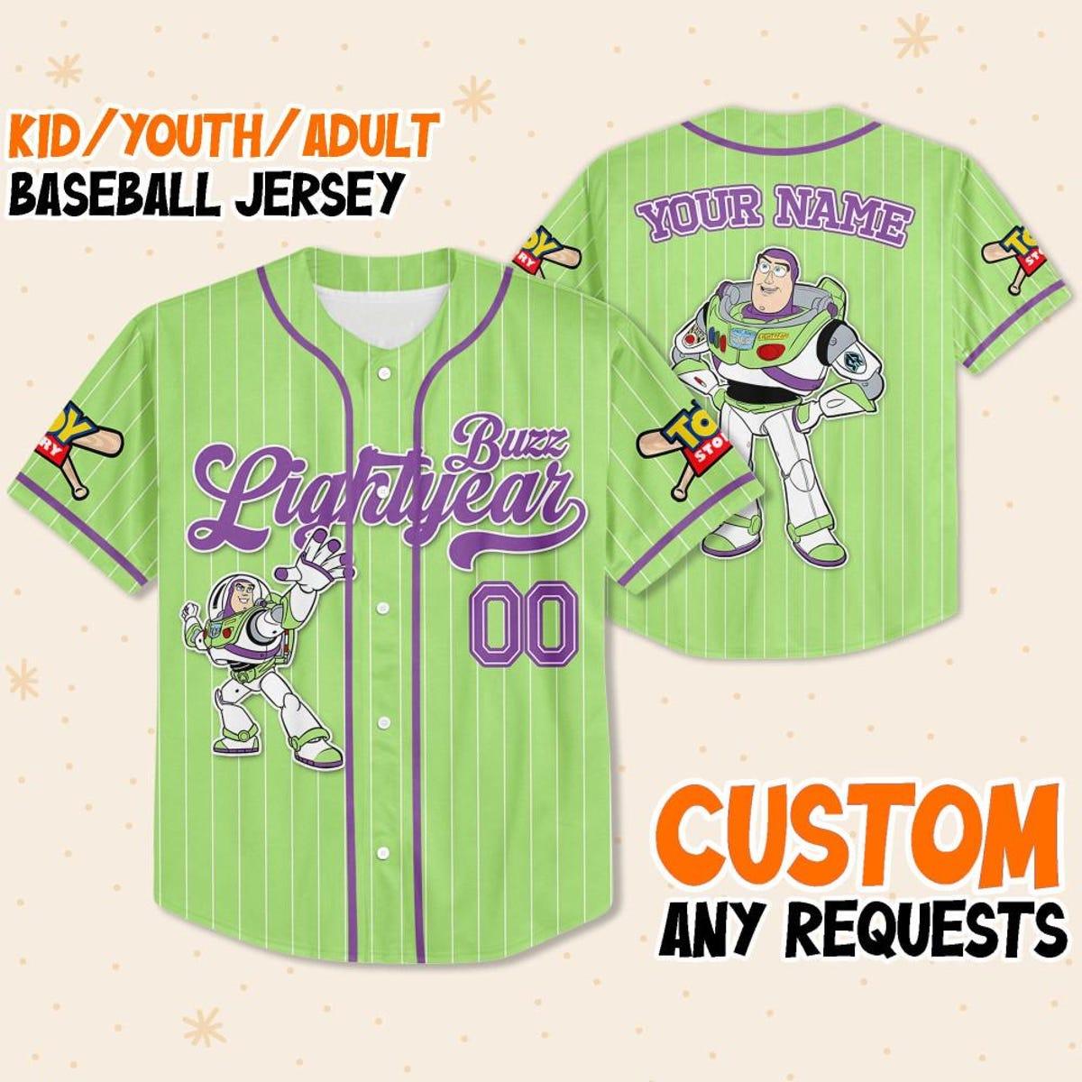 Mckenzieshoponline Disney Toy Story Buzz Lightyear Green Simple Personalized Baseball Jersey For Fans