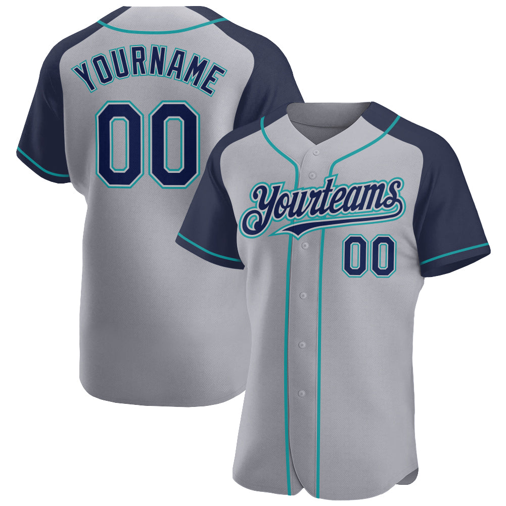 Jerseytrend Gray Navy Teal Raglan Sleeves Personalized Baseball Jersey For Fans