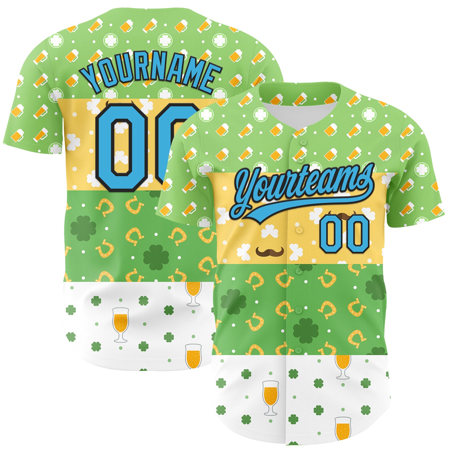 Jerseytrend Green Sky Blue Light Yellow Black 3D St. Patrick's Day Shamrock Beer Personalized Baseball Jersey For Fans