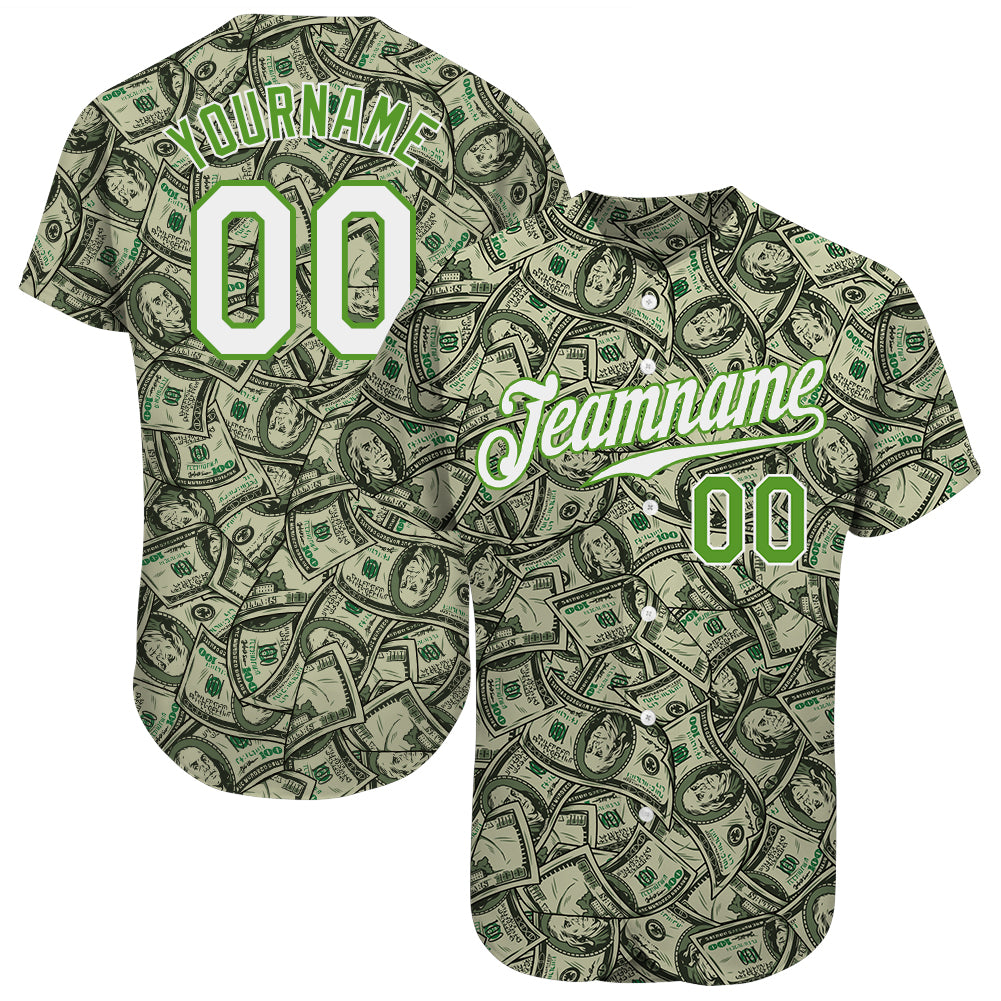 Jerseytrend Green White Neon Green 3D Pattern Design Dollar Personalized Baseball Jersey For Fans