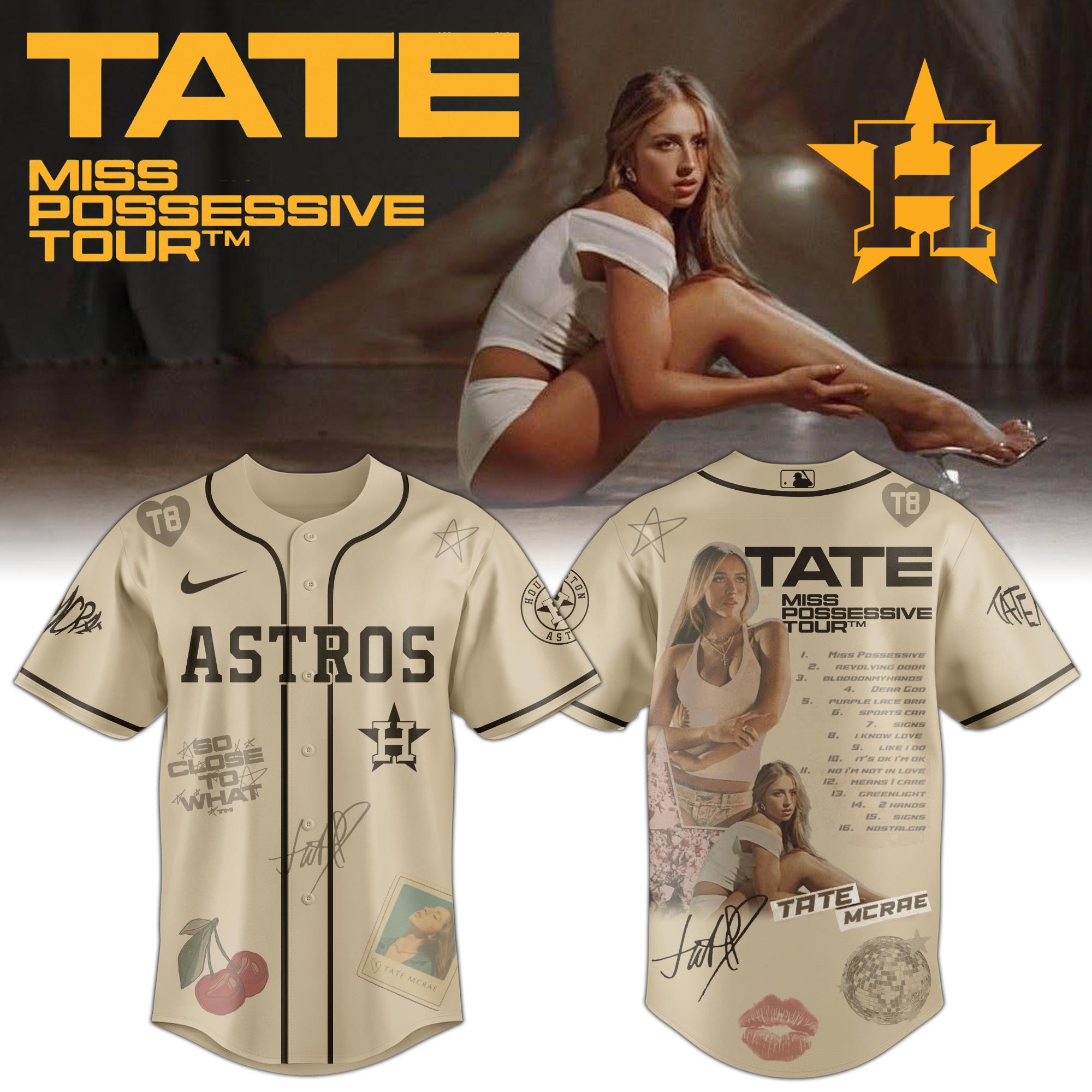 Jerseytrend Houston Astros MLB x Tate McRae Miss Possessive Tour Personalized Baseball Jersey For Fans