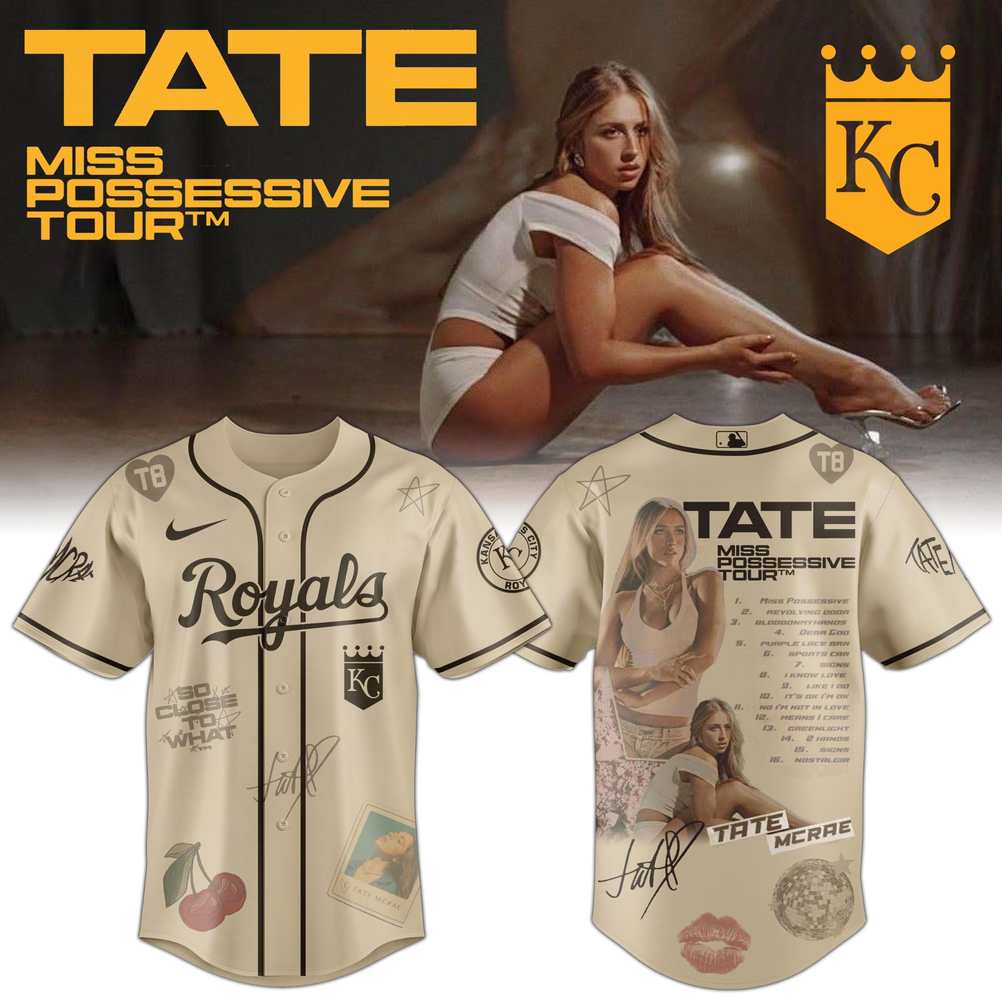 Jerseytrend Kansas City Royals MLB x Tate McRae Miss Possessive Tour Personalized Baseball Jersey For Fans