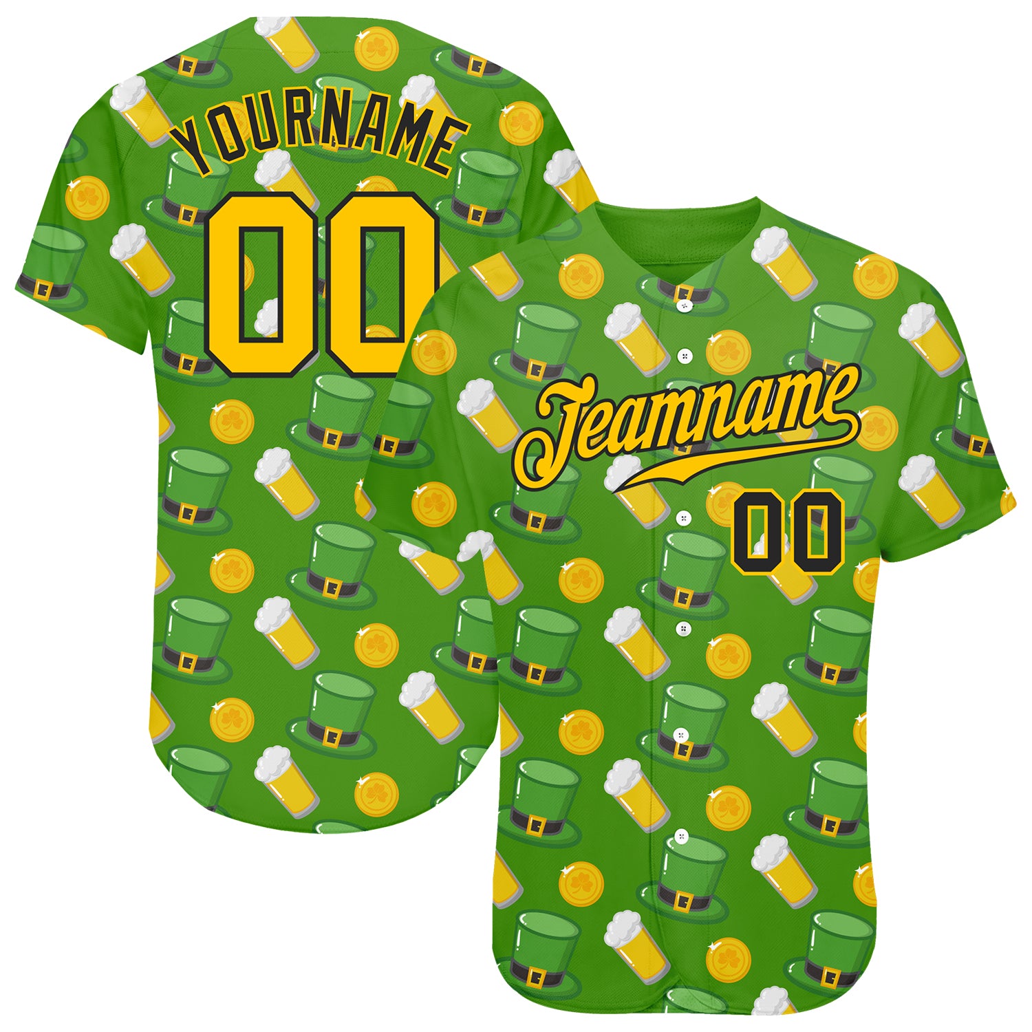 Jerseytrend Kelly Green Gold Black 3D Pattern Design St. Patrick's Day Personalized Baseball Jersey For Fans