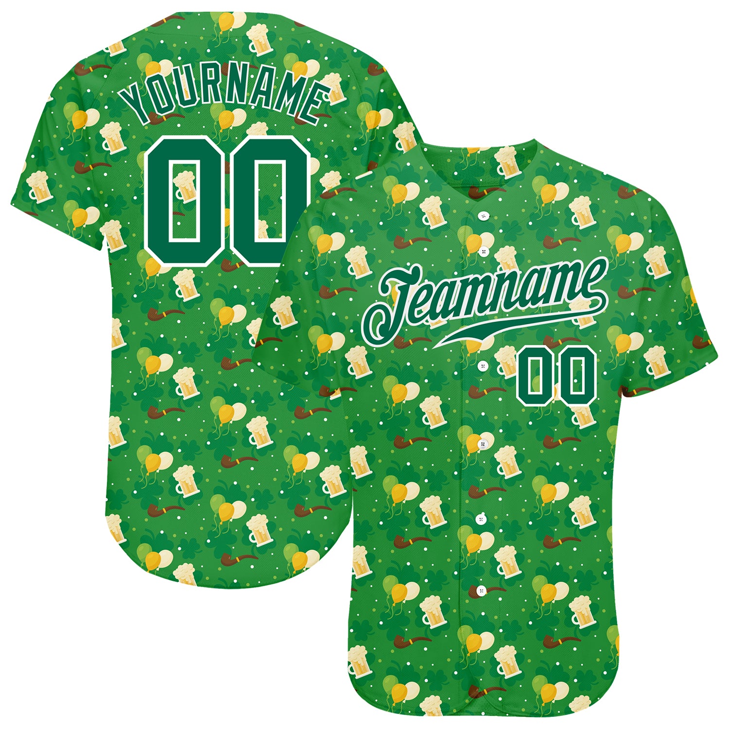 Mckenzieshoponline Kelly Green Kelly Green White 3D Pattern Design St. Patrick's Day Personalized Baseball Jersey For Fans
