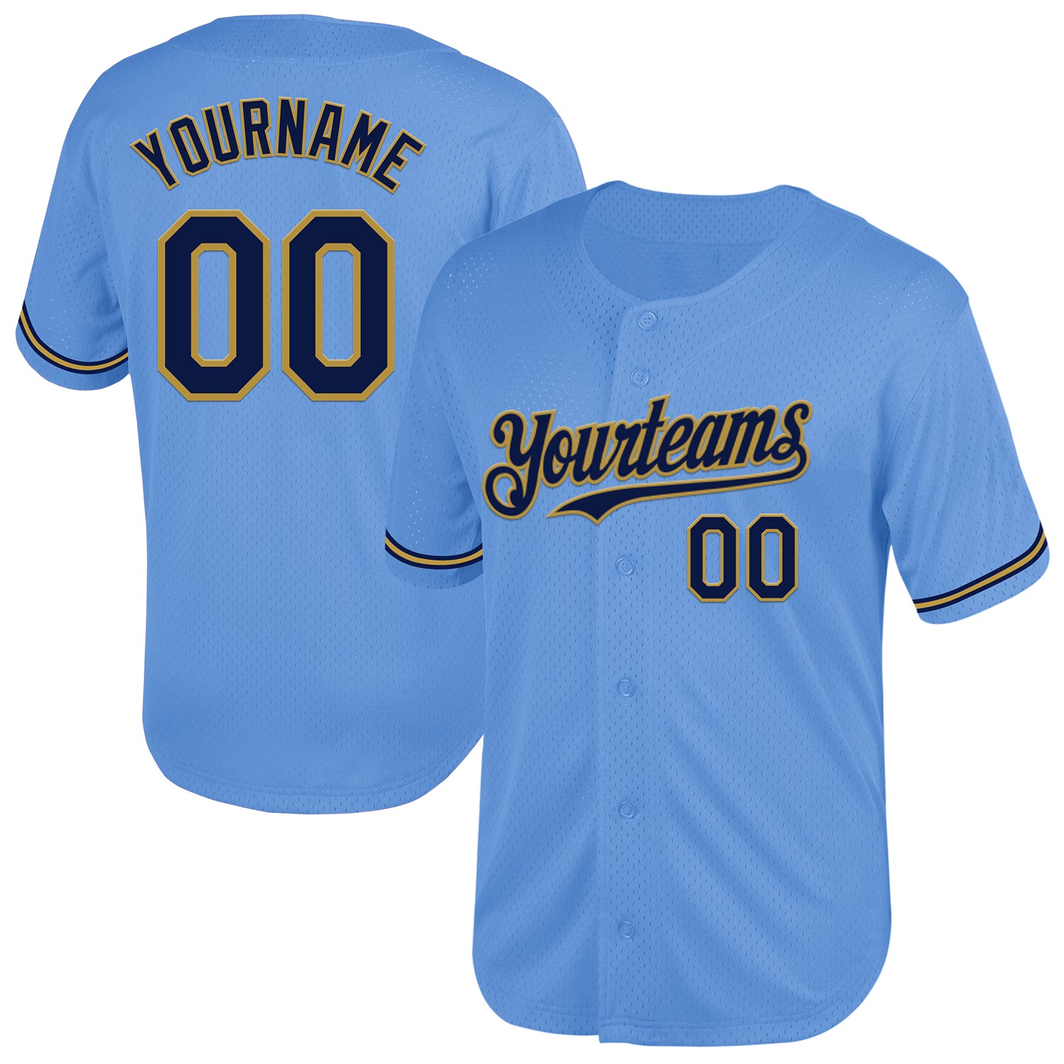 Jerseytrend Light Blue Navy Old Gold Mesh Throwback Personalized Baseball Jersey For Fans