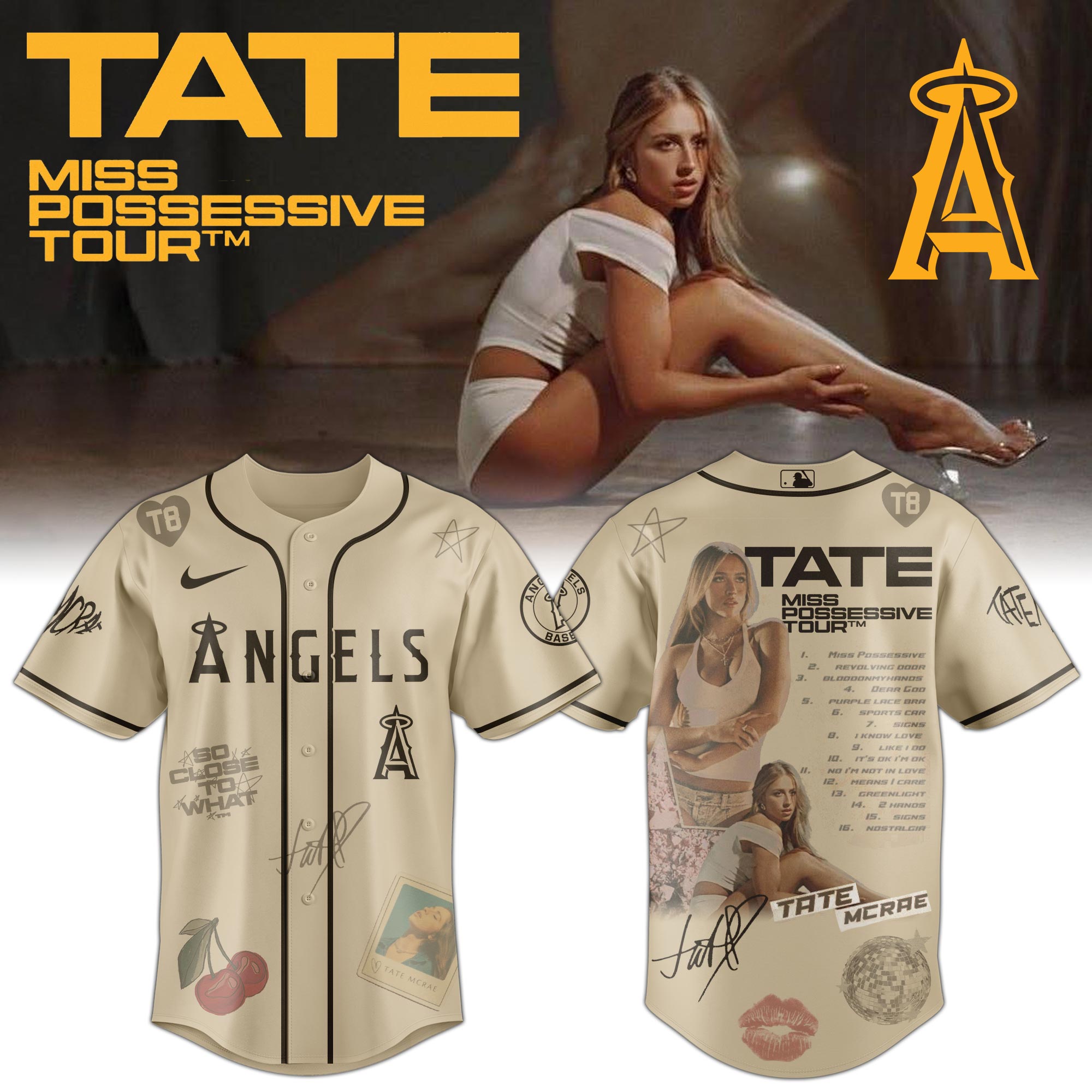Jerseytrend Los Angeles Angels MLB x Tate McRae Miss Possessive Tour Personalized Baseball Jersey For Fans