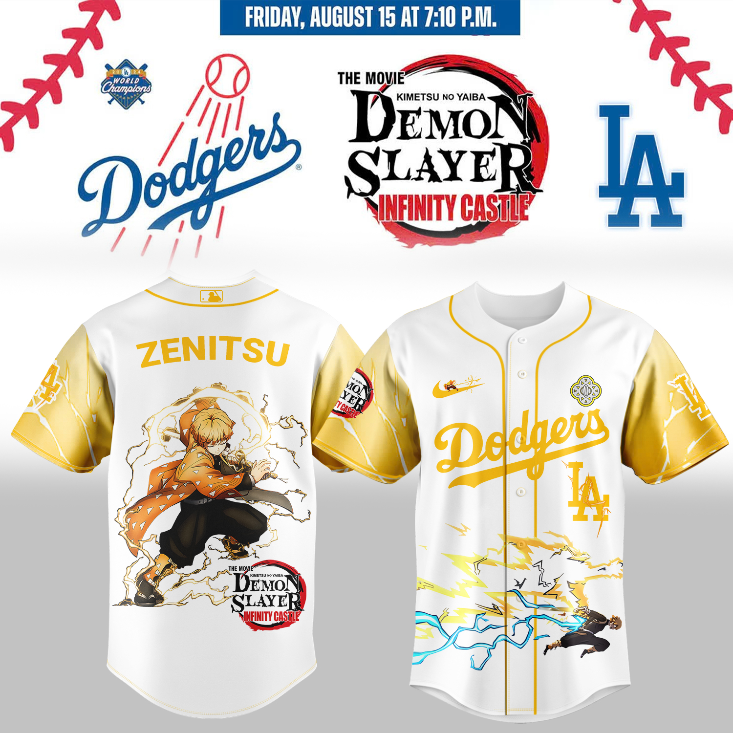 Mckenzieshoponline Los Angeles Dodgers MLB x Demon Slayer Agatsuma Zenitsu Personalized Baseball Jersey For Fans