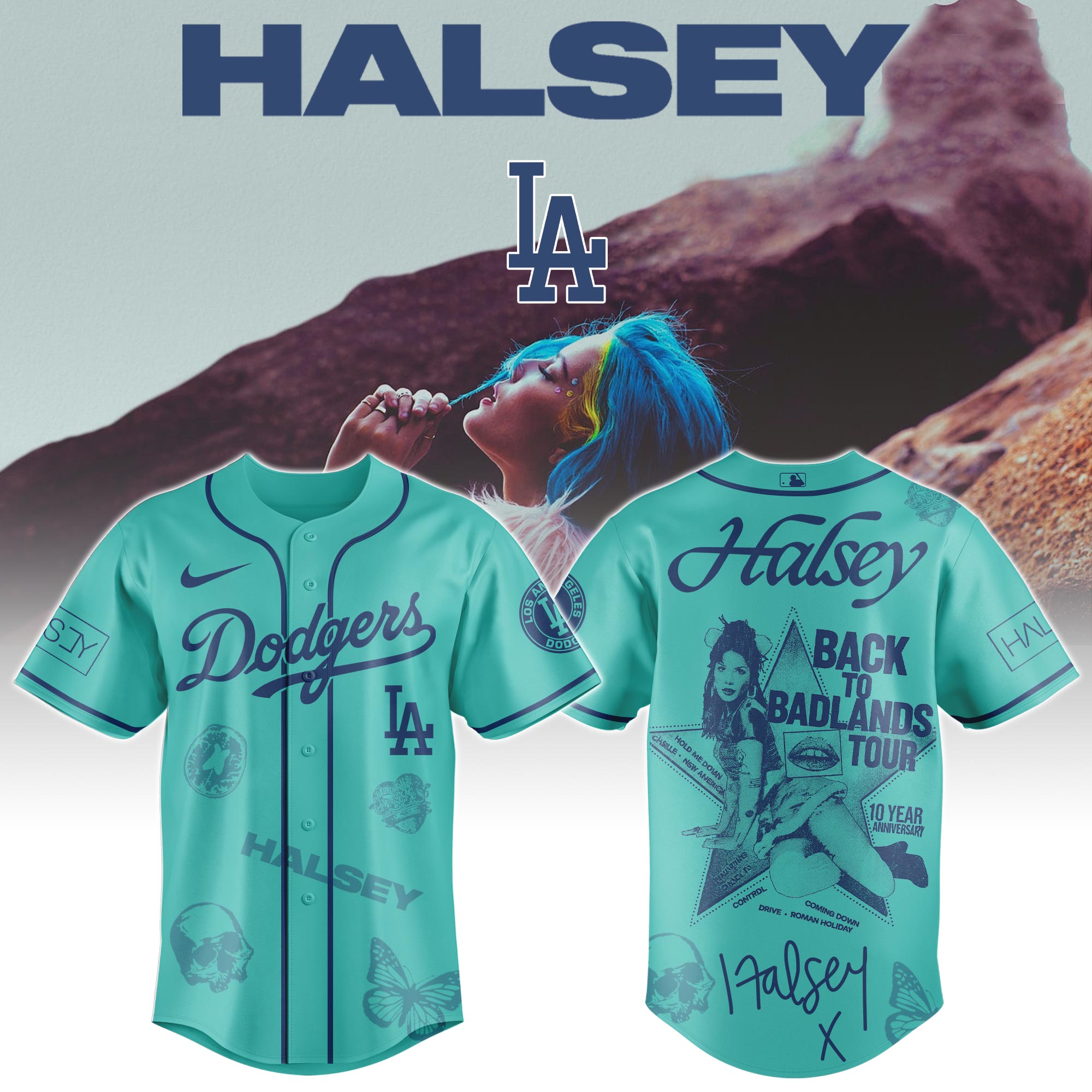 Mckenzieshoponline Los Angeles Dodgers MLB x Halsey Back to Badlands Tour Personalized Baseball Jersey For Fans