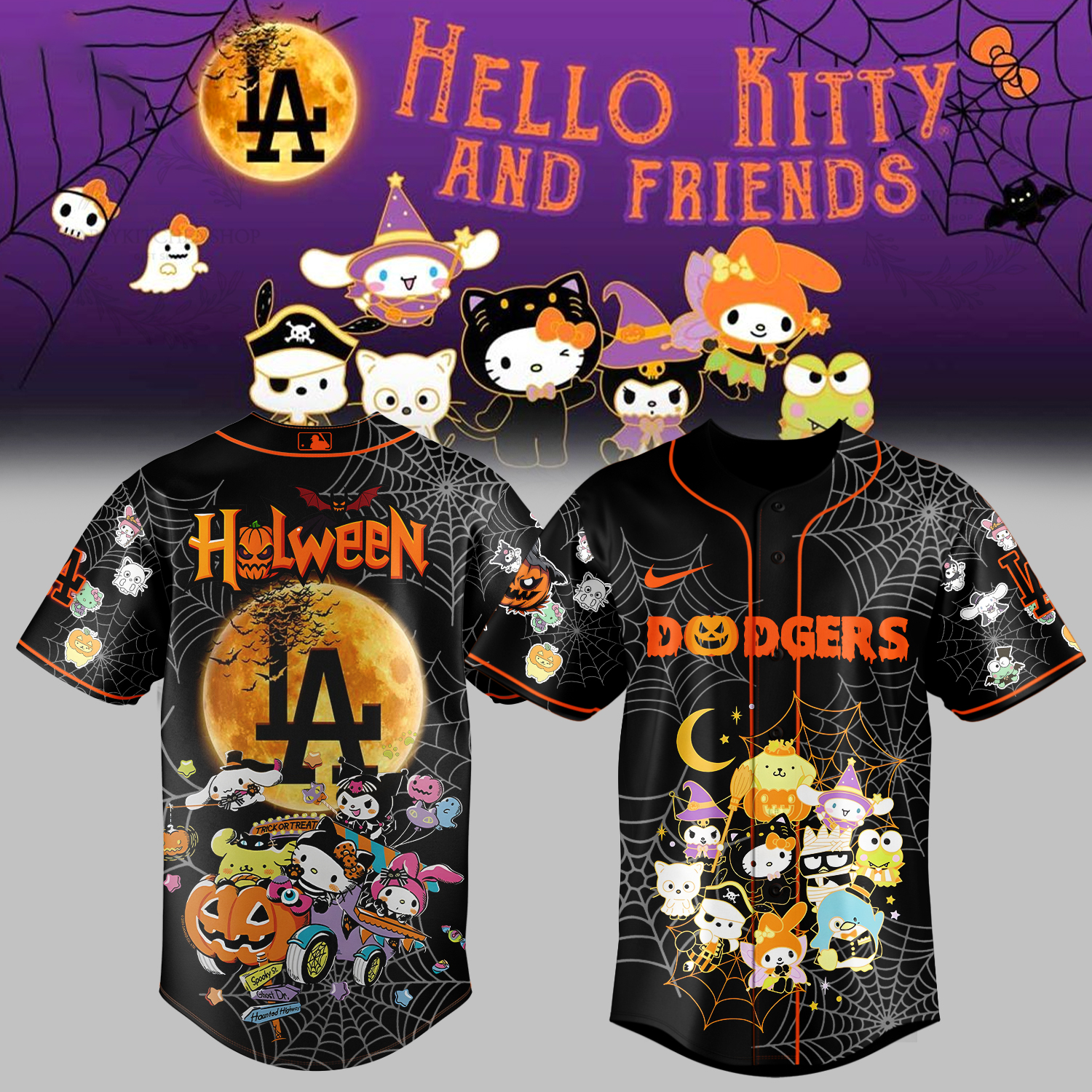 Mckenzieshoponline Los Angeles Dodgers MLB x Hello Kitty and Friend Halloween Personalized Baseball Jersey For Fans