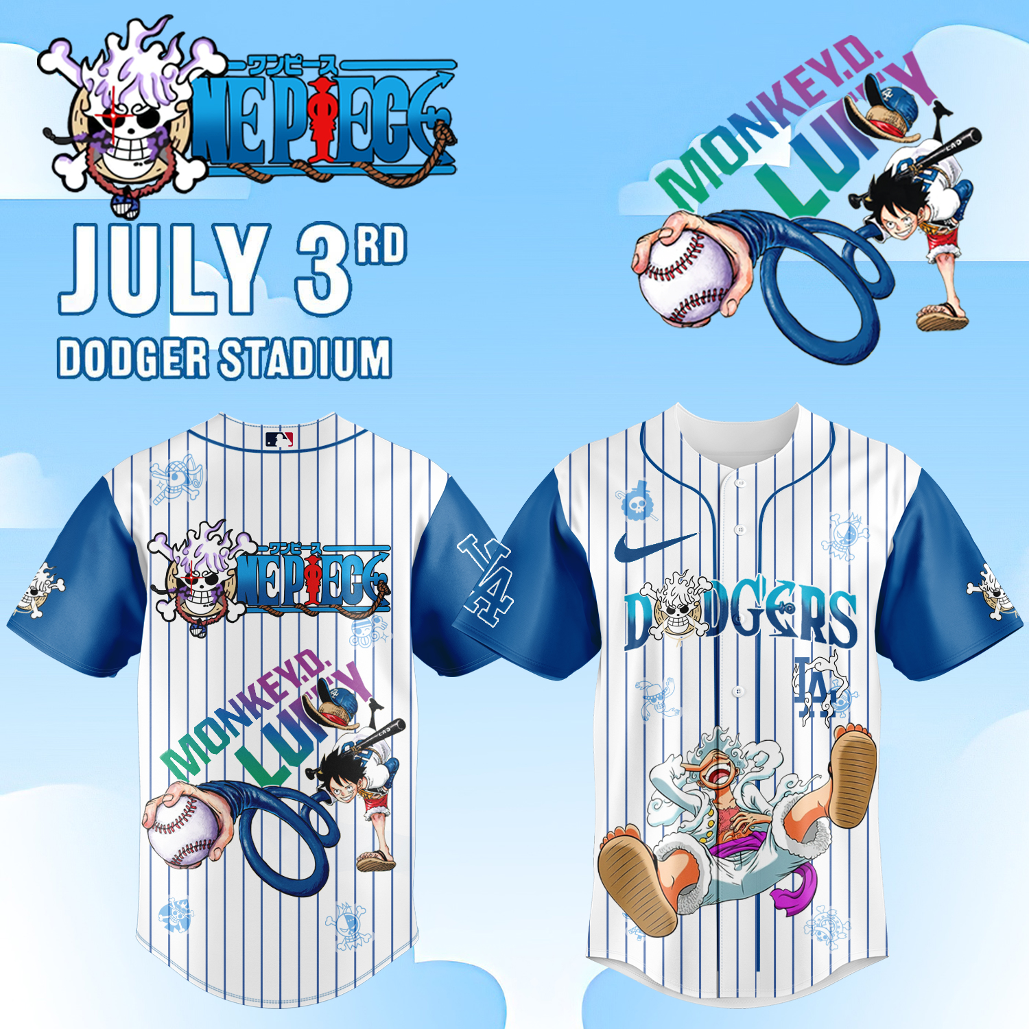 Mckenzieshoponline Los Angeles Dodgers MLB x One Piece Night Luffy Gear 5 Personalized Baseball Jersey For Fans