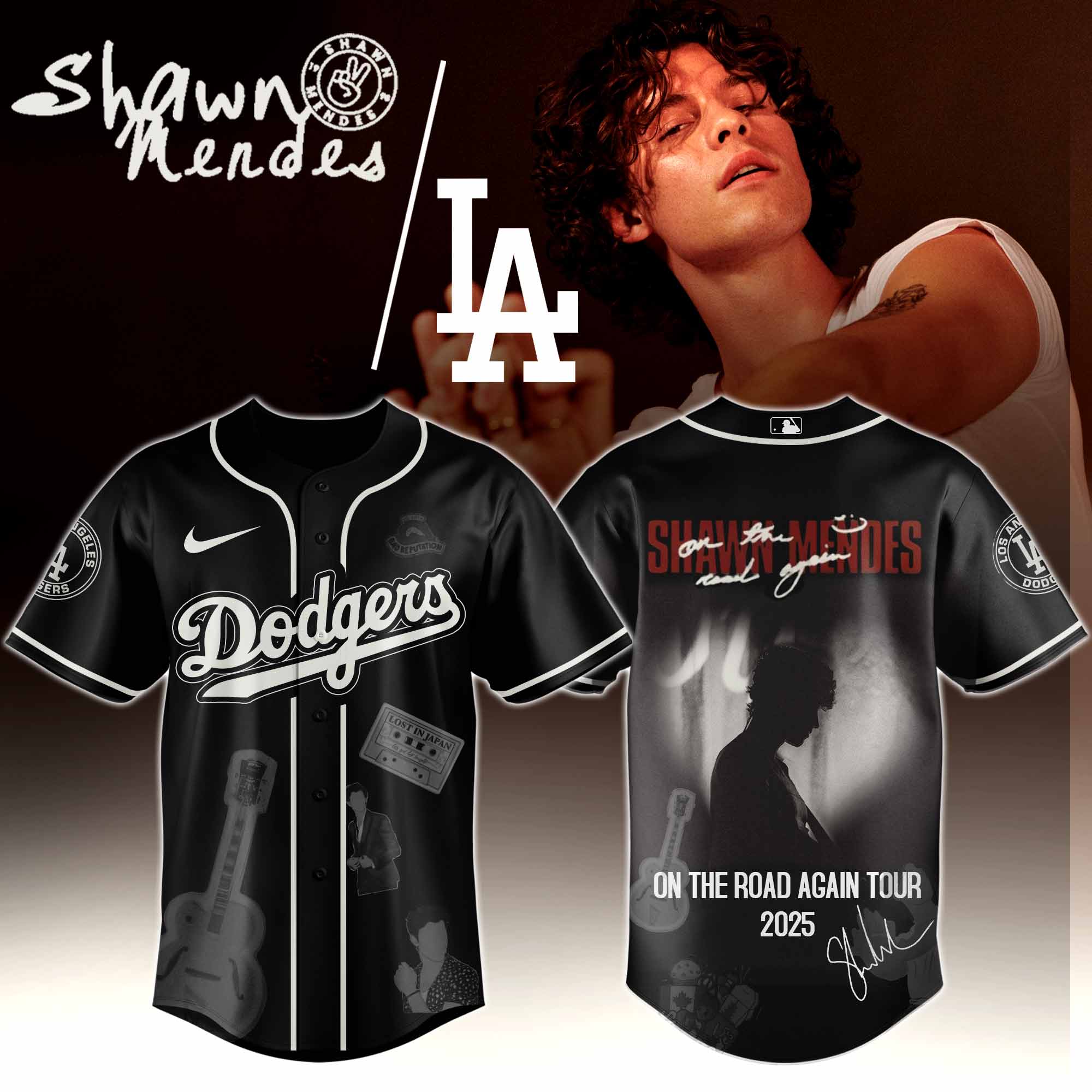 Jerseytrend Los Angeles Dodgers MLB x Shawn Mendes On The Road Again Tour Personalized Baseball Jersey For Fans