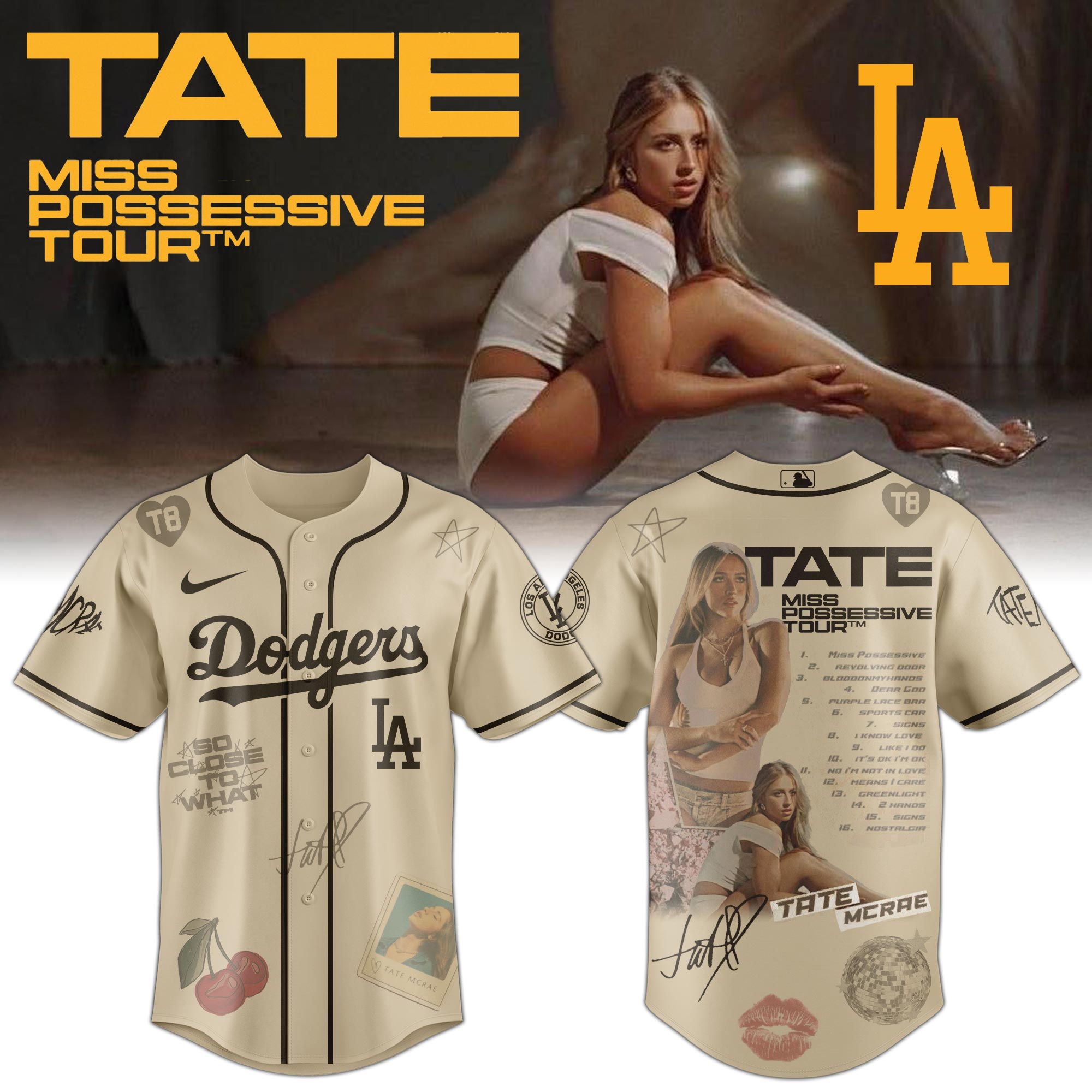 Jerseytrend Los Angeles Dodgers MLB x Tate McRae Miss Possessive Tour Personalized Baseball Jersey For Fans
