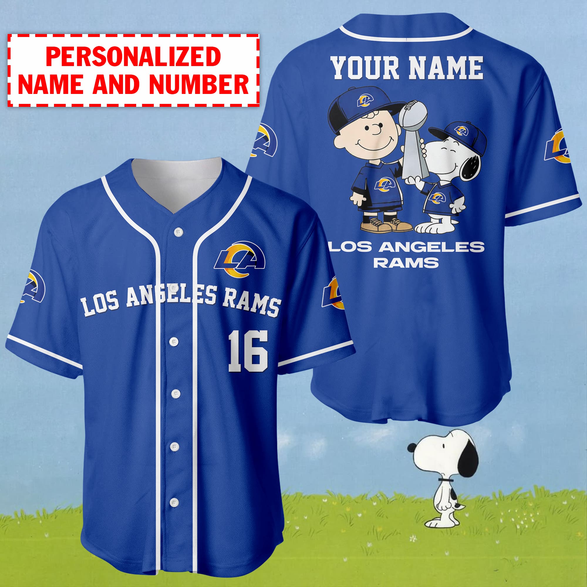 Jerseytrend Los Angeles Rams NFL x Charlie Brown And Snoopy  Personalized Baseball Jersey For Fans
