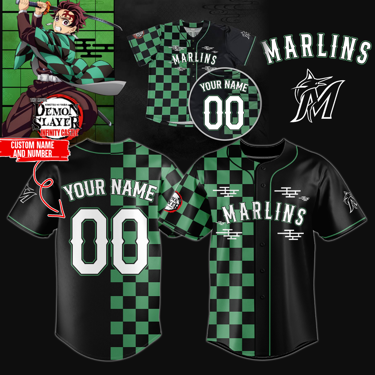 Mckenzieshoponline Miami Marlins MLB x Demon Slayer Personalized Baseball Jersey For Fans
