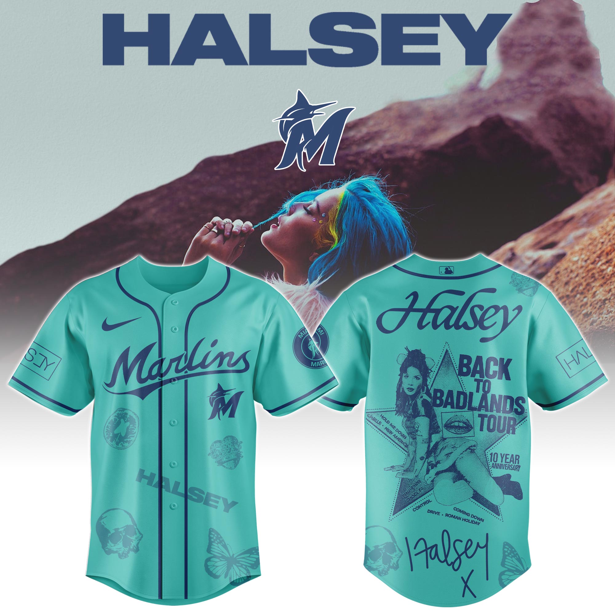 Mckenzieshoponline Miami Marlins MLB x Halsey Back to Badlands Tour Personalized Baseball Jersey For Fans