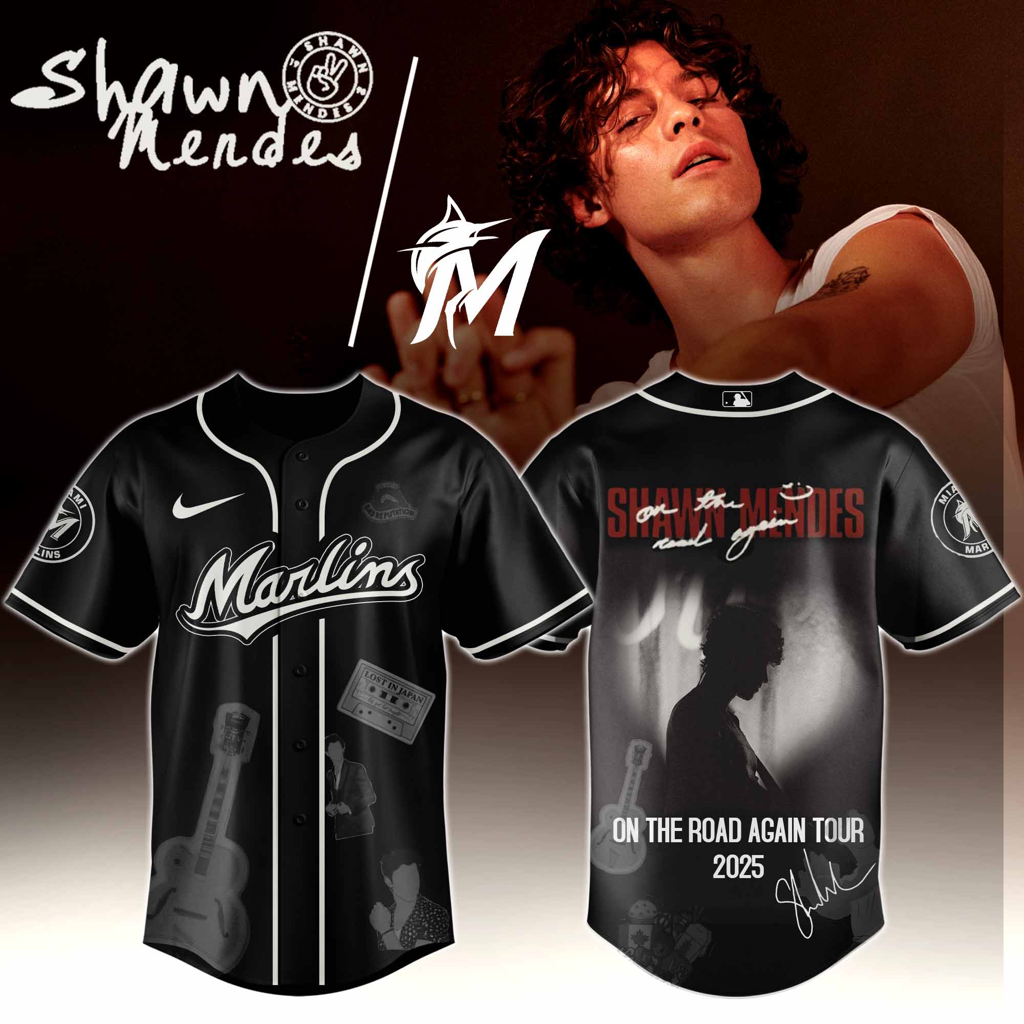 Jerseytrend Miami Marlins MLB x Shawn Mendes On The Road Again Tour Personalized Baseball Jersey For Fans