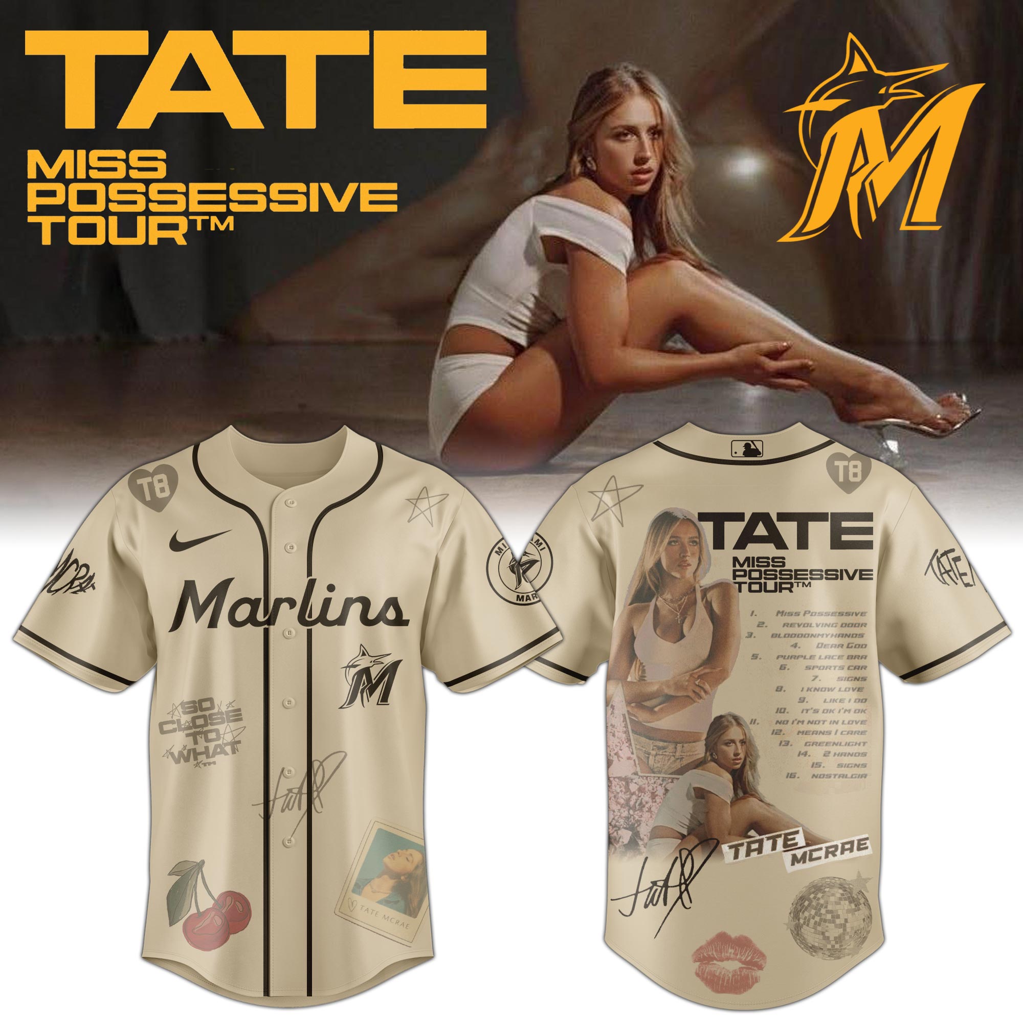 Jerseytrend Miami Marlins MLB x Tate McRae Miss Possessive Tour Personalized Baseball Jersey For Fans