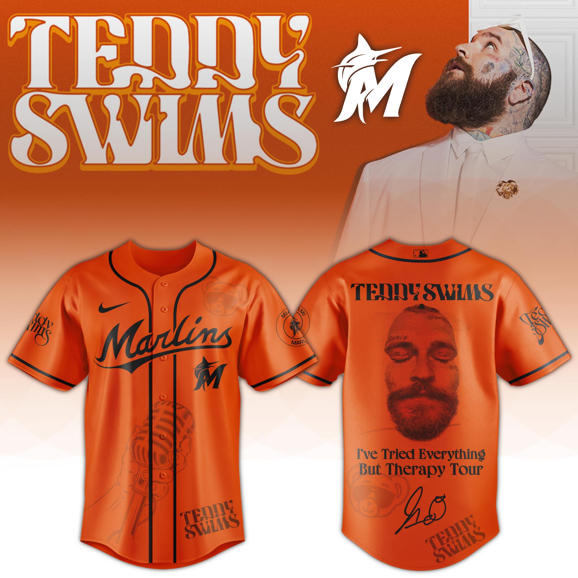 Jerseytrend Miami Marlins MLB x Teddy Swims Ive Tried Everything But Therapy Tour Personalized Baseball Jersey For Fans