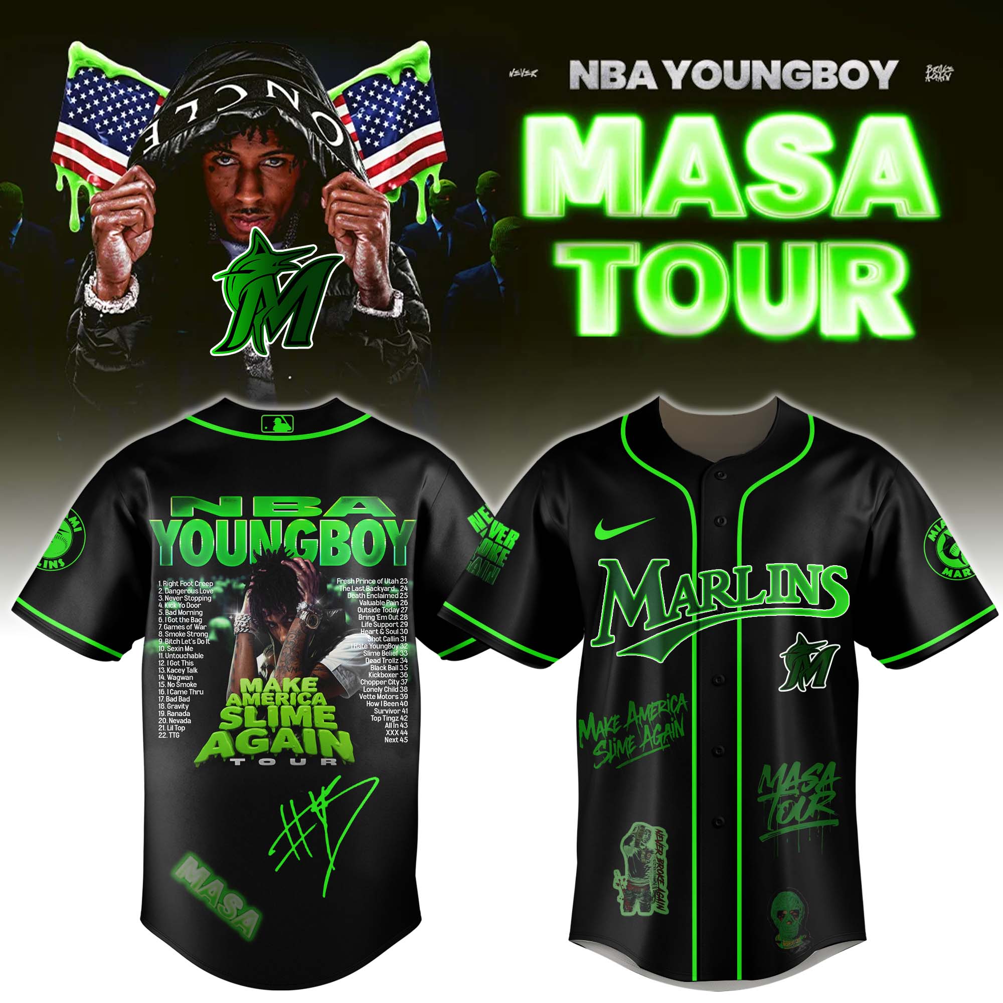 Jerseytrend Miami Marlins MLB x YoungBoy Never Broke Again Make America Slime Again Tour Personalized Baseball Jersey For Fans