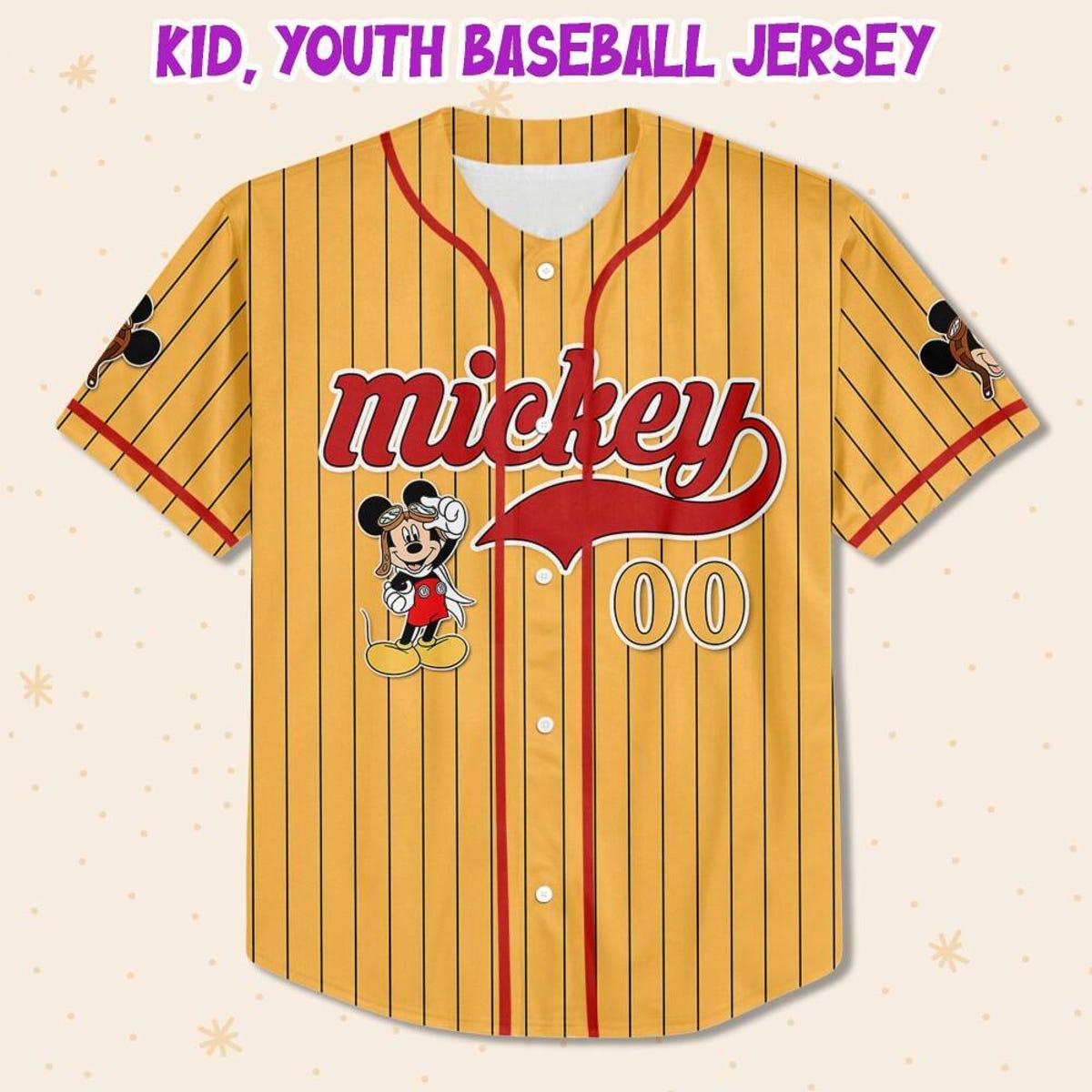 Mckenzieshoponline Mickey Mouse Fly A Plane Yellow Red Personalized Baseball Jersey For Fans - Image 3