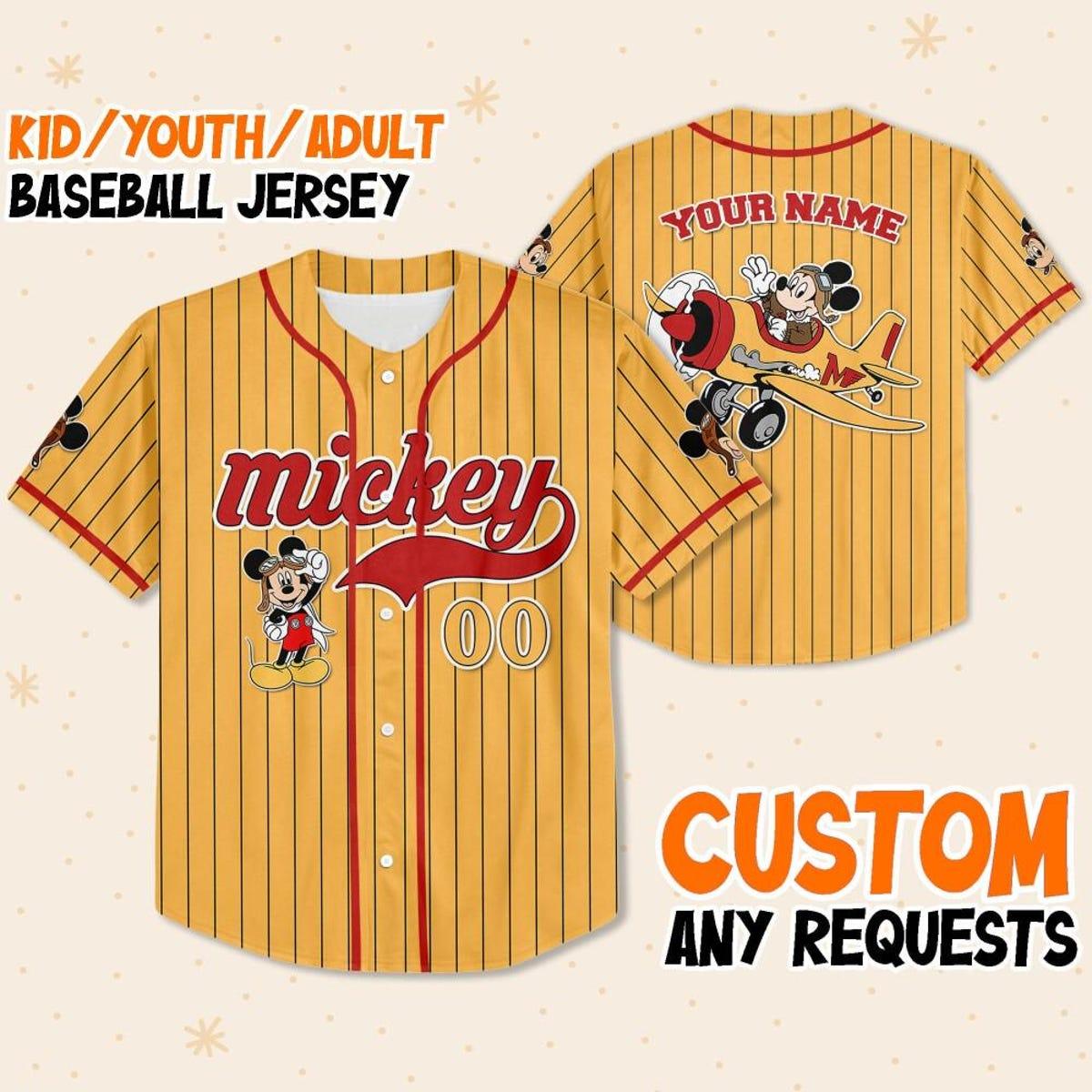 Mckenzieshoponline Mickey Mouse Fly A Plane Yellow Red Personalized Baseball Jersey For Fans - Image 2