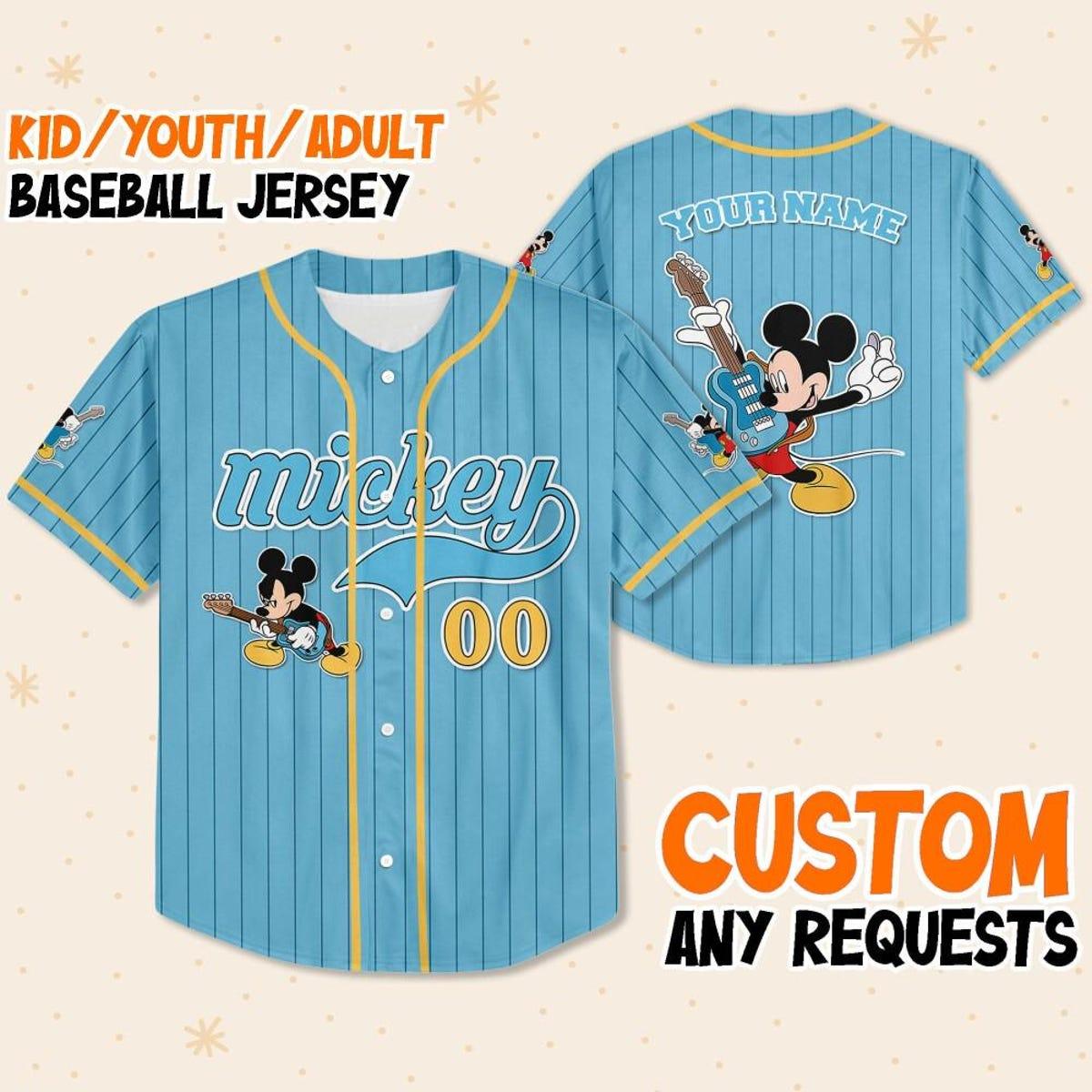 Mckenzieshoponline Mickey Mouse Rock And Roll Blue Yellow Personalized Baseball Jersey For Fans