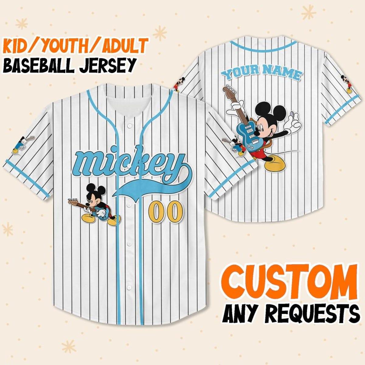 Mckenzieshoponline Mickey Mouse Rock And Roll White Blue Light Personalized Baseball Jersey For Fans