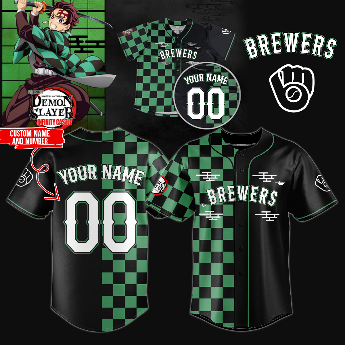 Mckenzieshoponline Milwaukee Brewers MLB x Demon Slayer Personalized Baseball Jersey For Fans