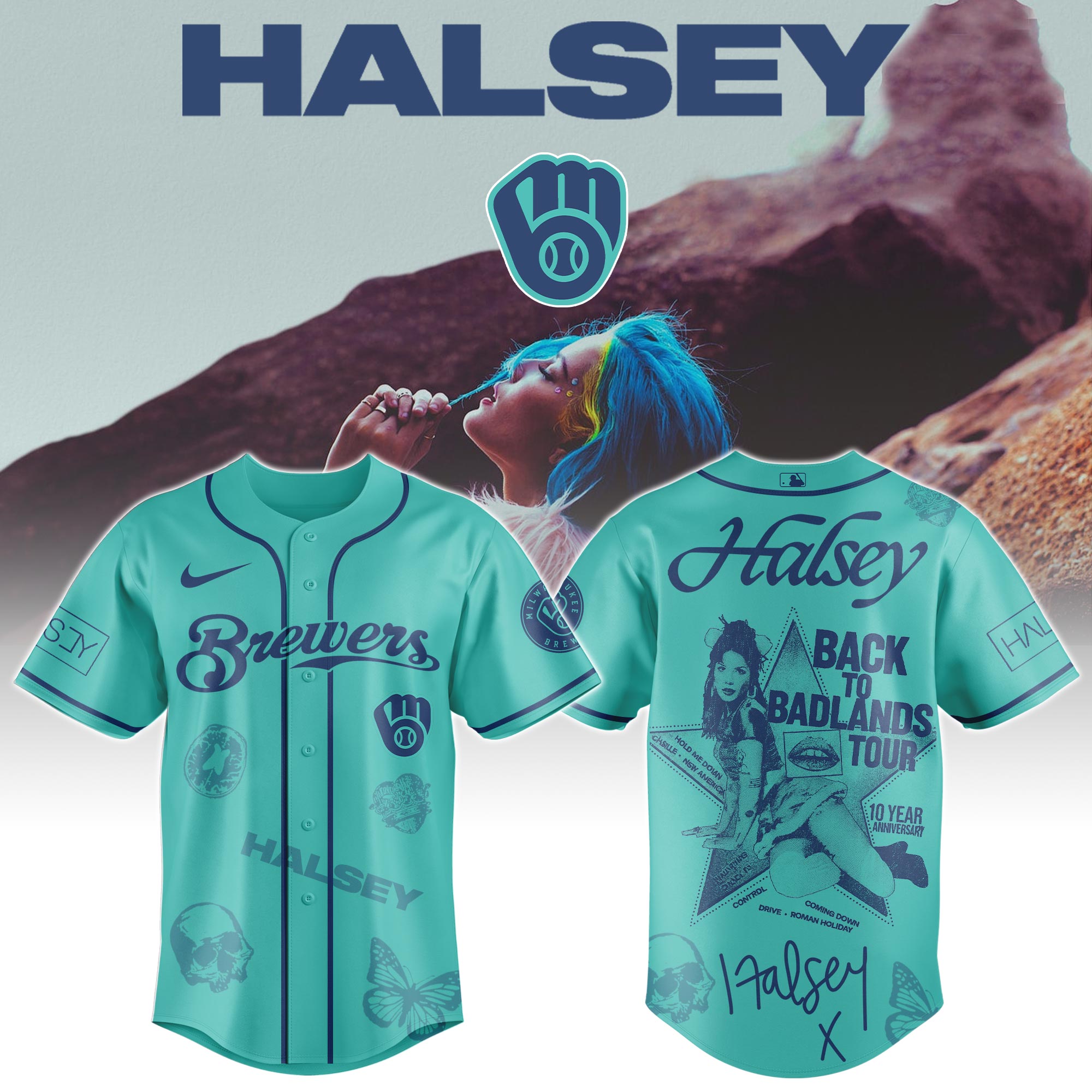 Mckenzieshoponline Milwaukee Brewers MLB x Halsey Back to Badlands Tour Personalized Baseball Jersey For Fans