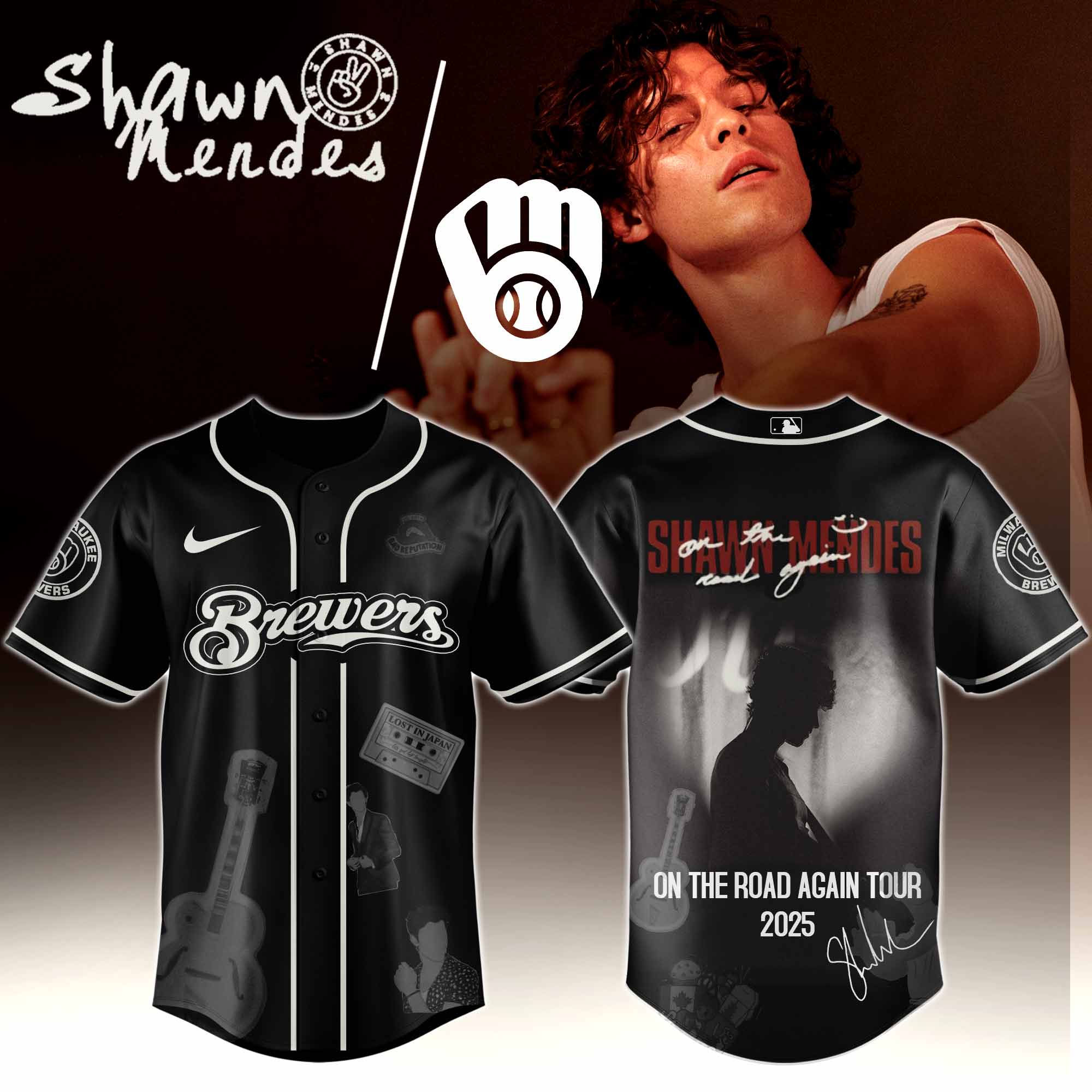 Jerseytrend Milwaukee Brewers MLB x Shawn Mendes On The Road Again Tour Personalized Baseball Jersey For Fans