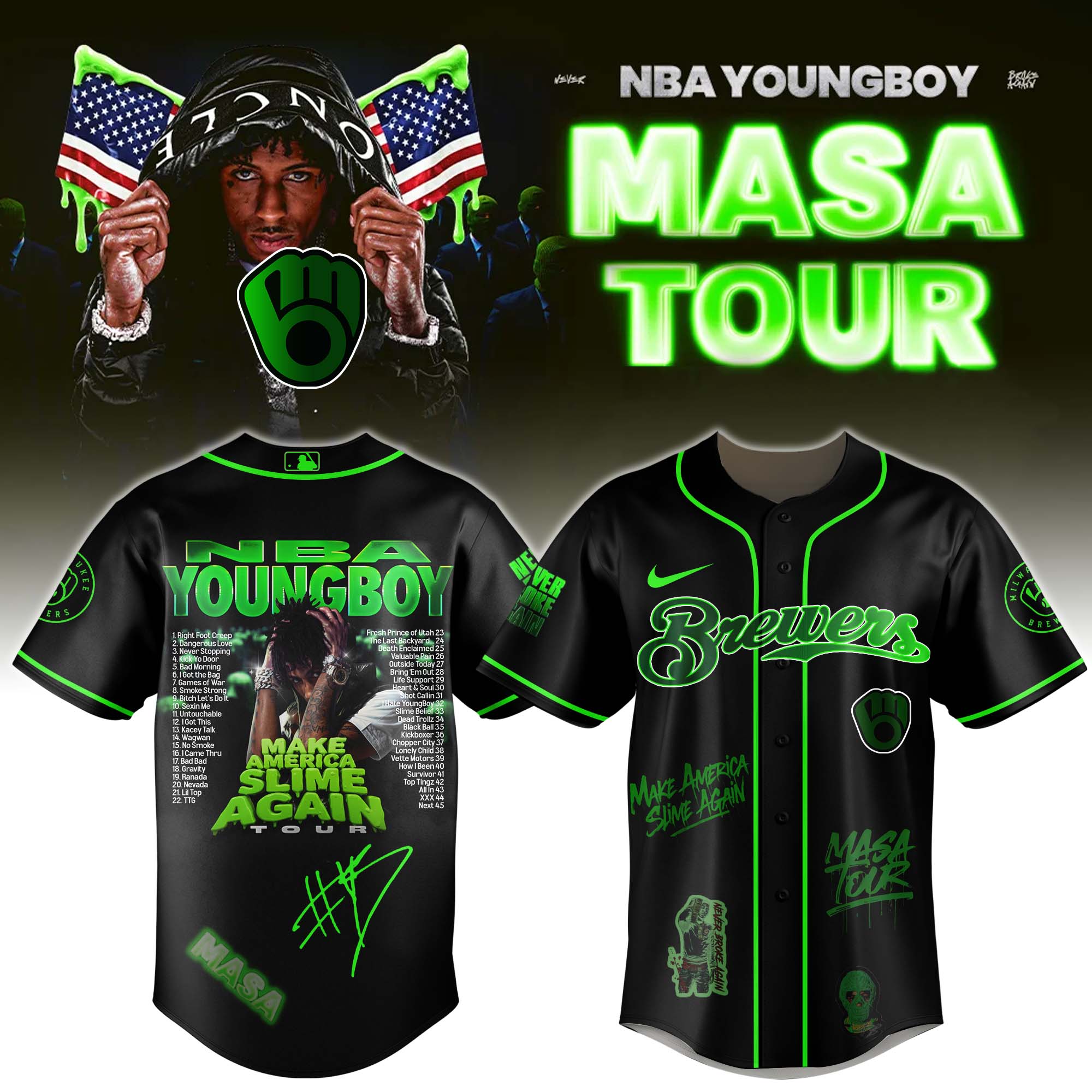 Jerseytrend Milwaukee Brewers MLB x YoungBoy Never Broke Again Make America Slime Again Tour Personalized Baseball Jersey For Fans