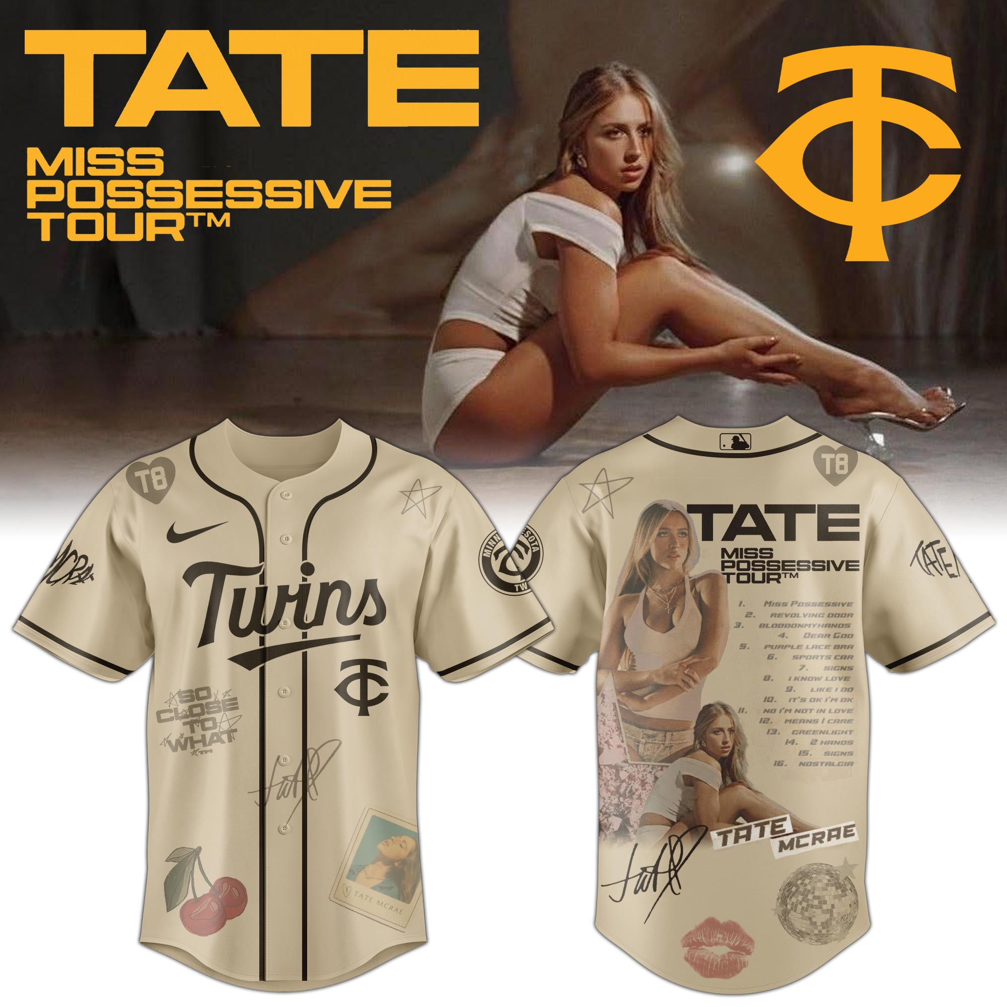 Jerseytrend Minnesota Twins MLB x Tate McRae Miss Possessive Tour Personalized Baseball Jersey For Fans