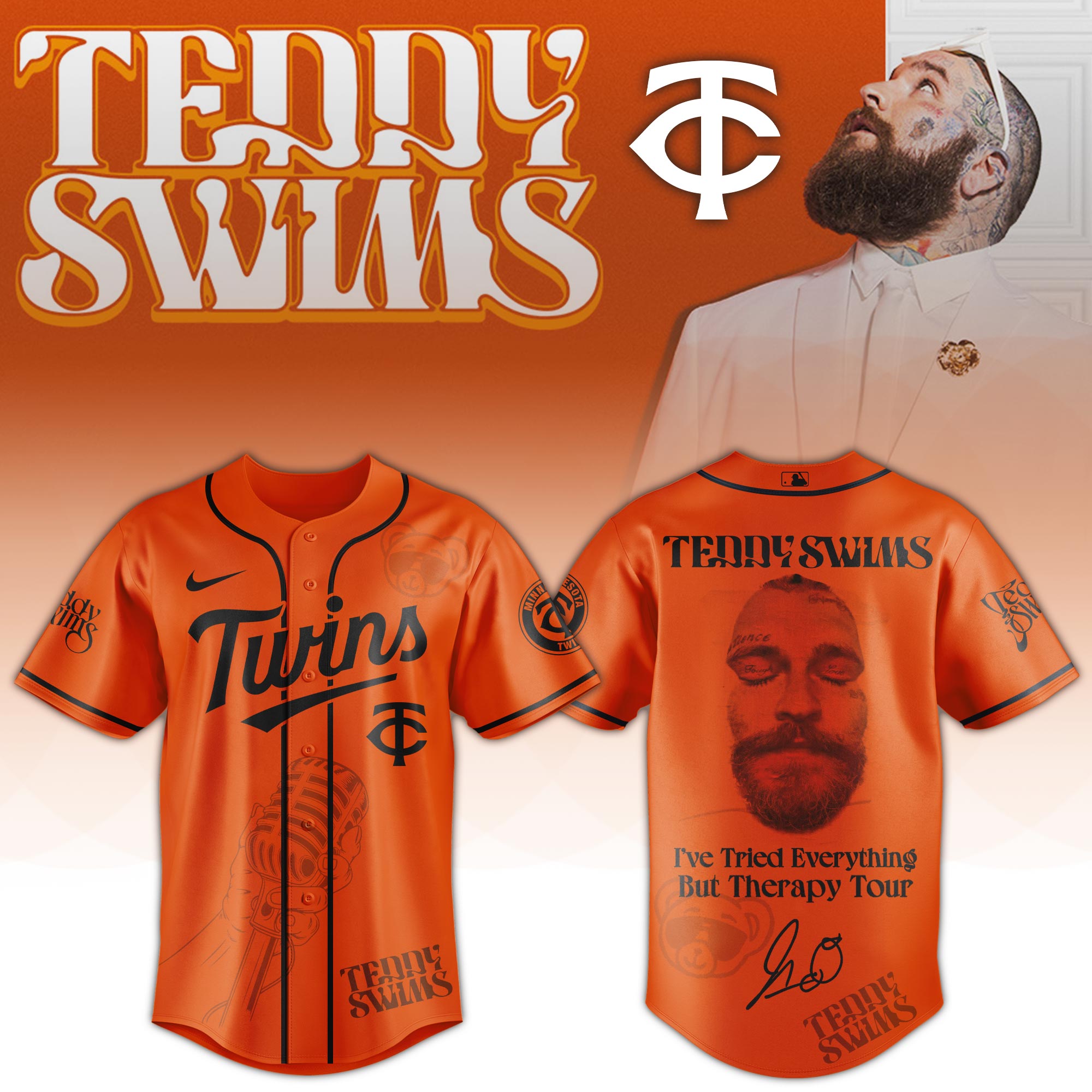 Jerseytrend Minnesota Twins MLB x Teddy Swims Ive Tried Everything But Therapy Tour Personalized Baseball Jersey For Fans
