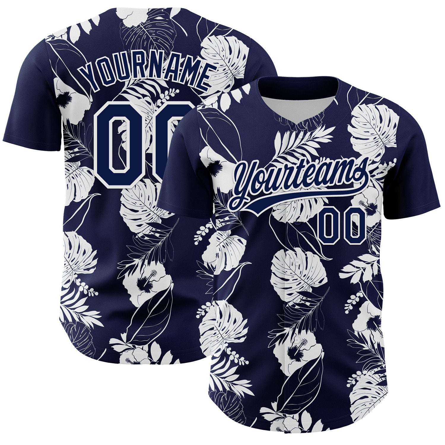 Mckenzieshoponline Navy White 3D Tropical Hawaii Leaves And Flower Personalized Baseball Jersey For Fans