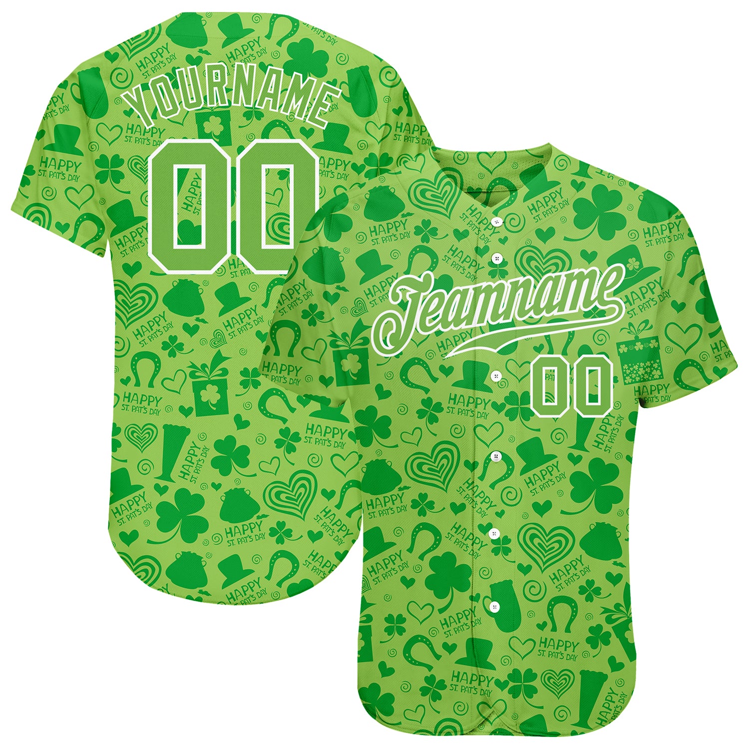 Jerseytrend Neon Green Neon Green White 3D Pattern Design St. Patrick's Day Personalized Baseball Jersey For Fans