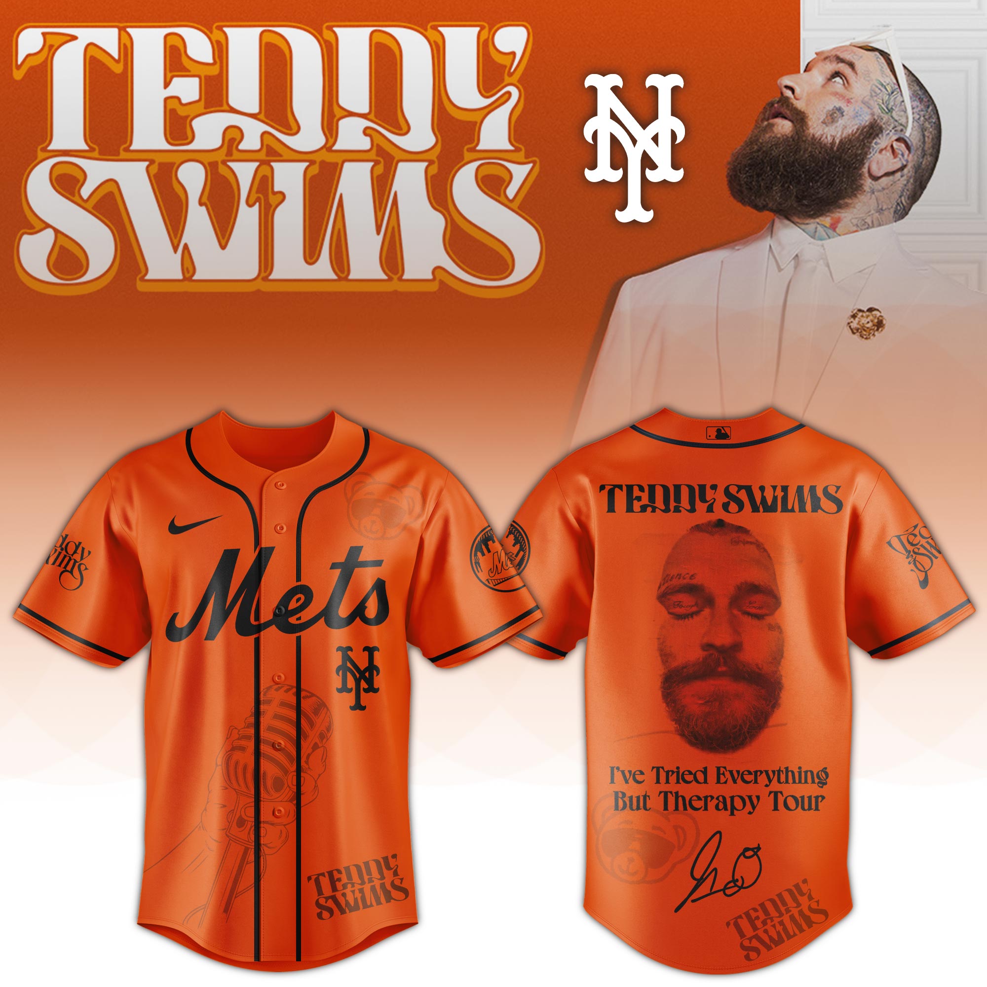 Jerseytrend New York Mets MLB x Teddy Swims Ive Tried Everything But Therapy Tour Personalized Baseball Jersey For Fans