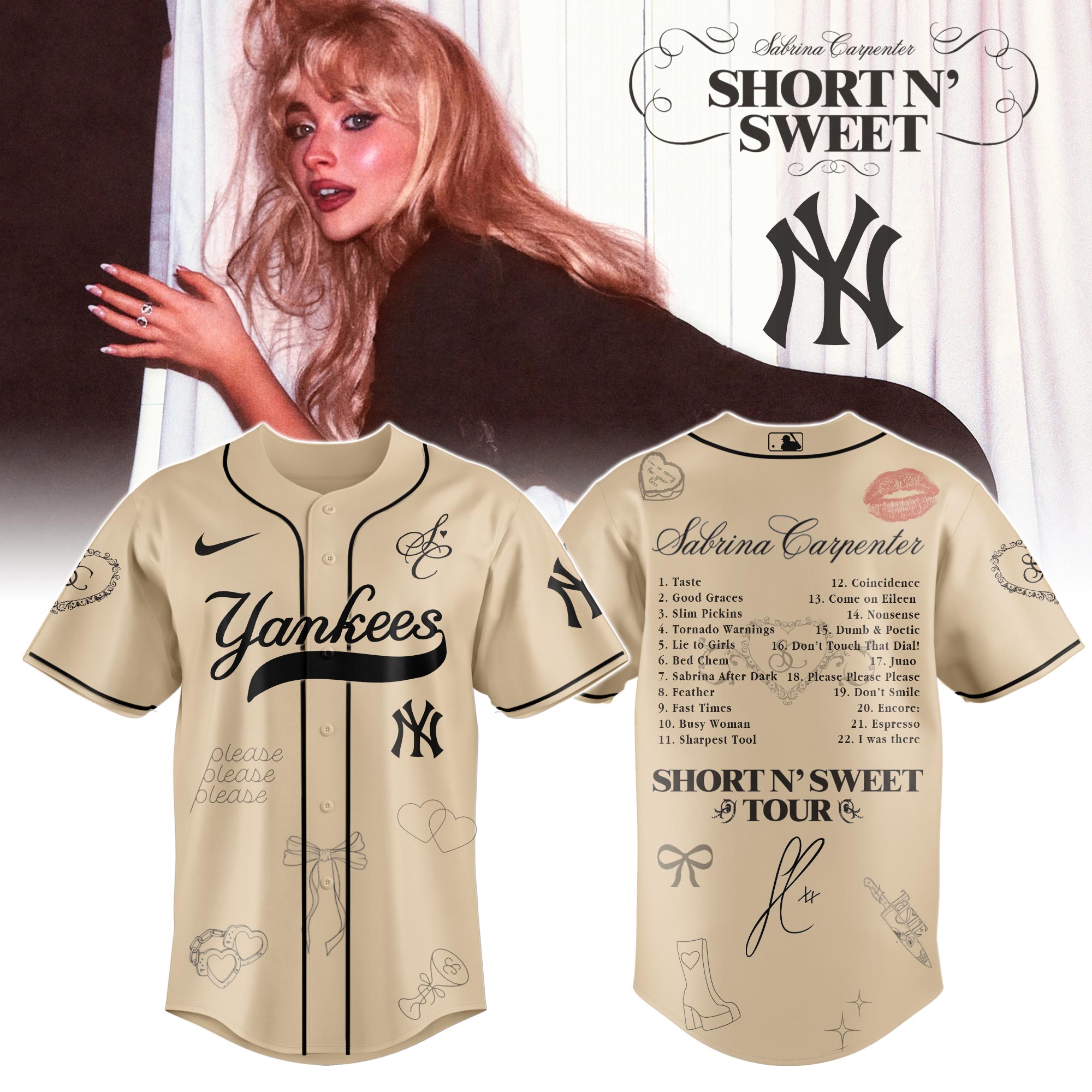 Mckenzieshoponline New York Yankees MLB x Sabrina Carpenter Short n' Sweet Tour Personalized Baseball Jersey For Fans