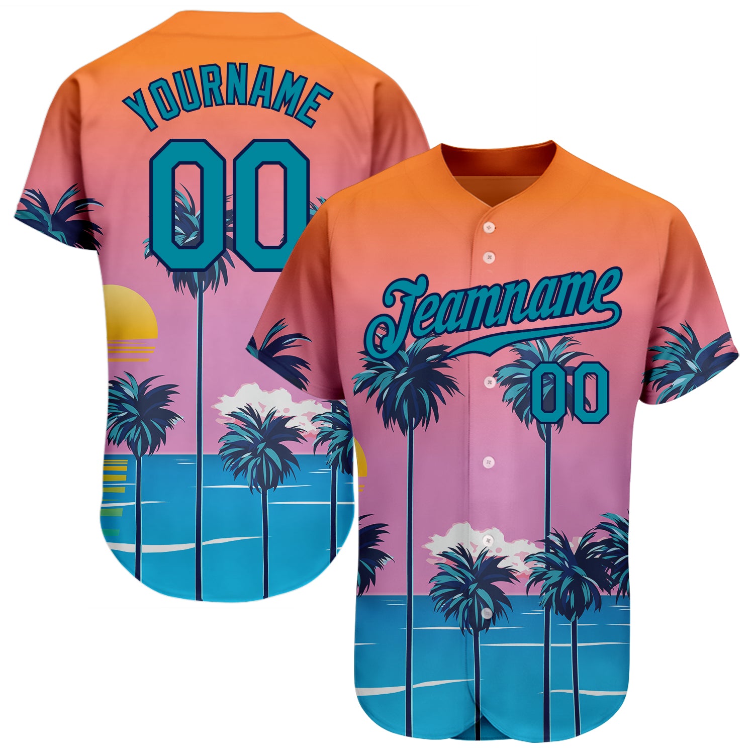 Jerseytrend Orange Teal Navy 3D Pattern Design Sun Beach Hawaii Palm Trees Personalized Baseball Jersey For Fans
