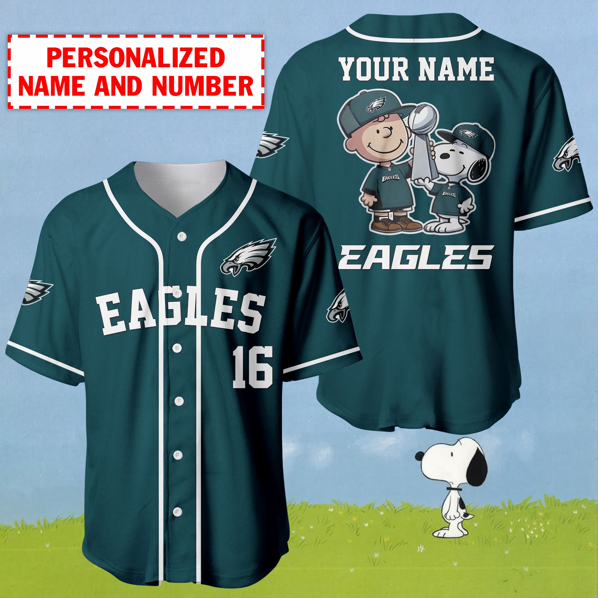 Jerseytrend Philadelphia Eagles NFL x Charlie Brown And Snoopy  Personalized Baseball Jersey For Fans