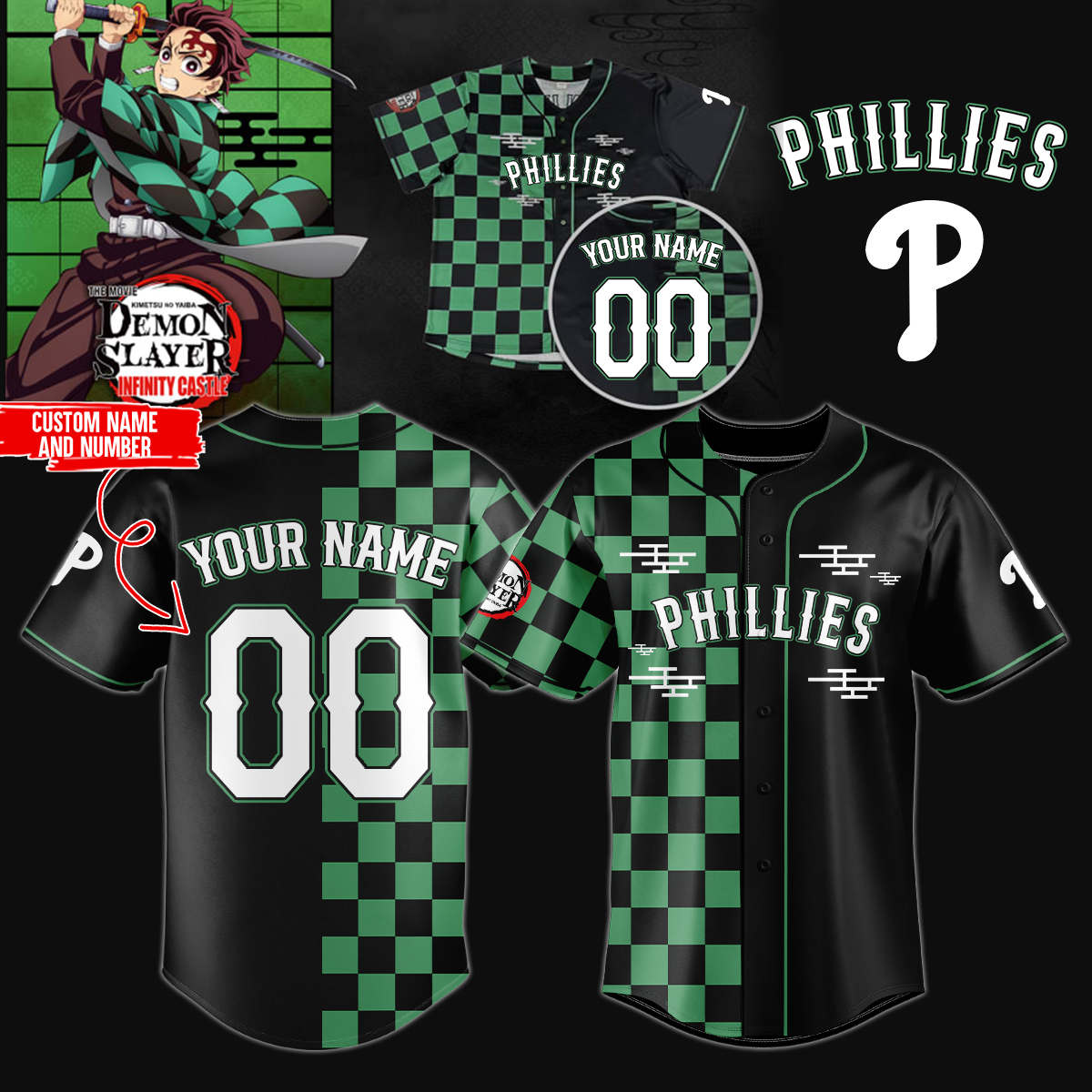 Mckenzieshoponline Philadelphia Phillies MLB x Demon Slayer Personalized Baseball Jersey For Fans