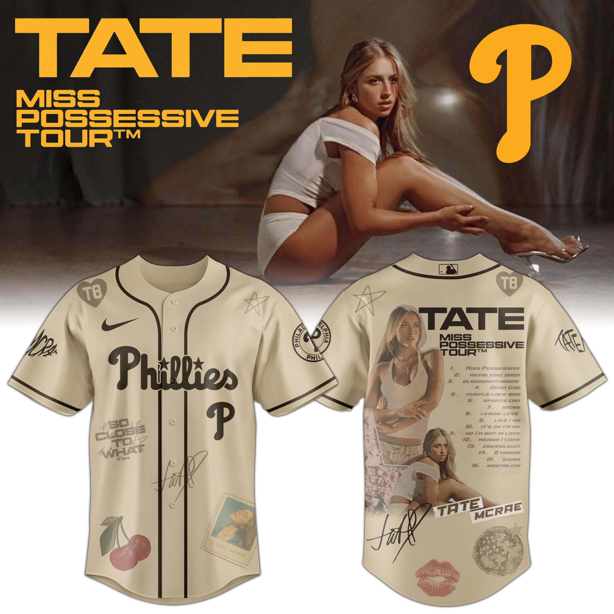 Jerseytrend Philadelphia Phillies MLB x Tate McRae Miss Possessive Tour Personalized Baseball Jersey For Fans